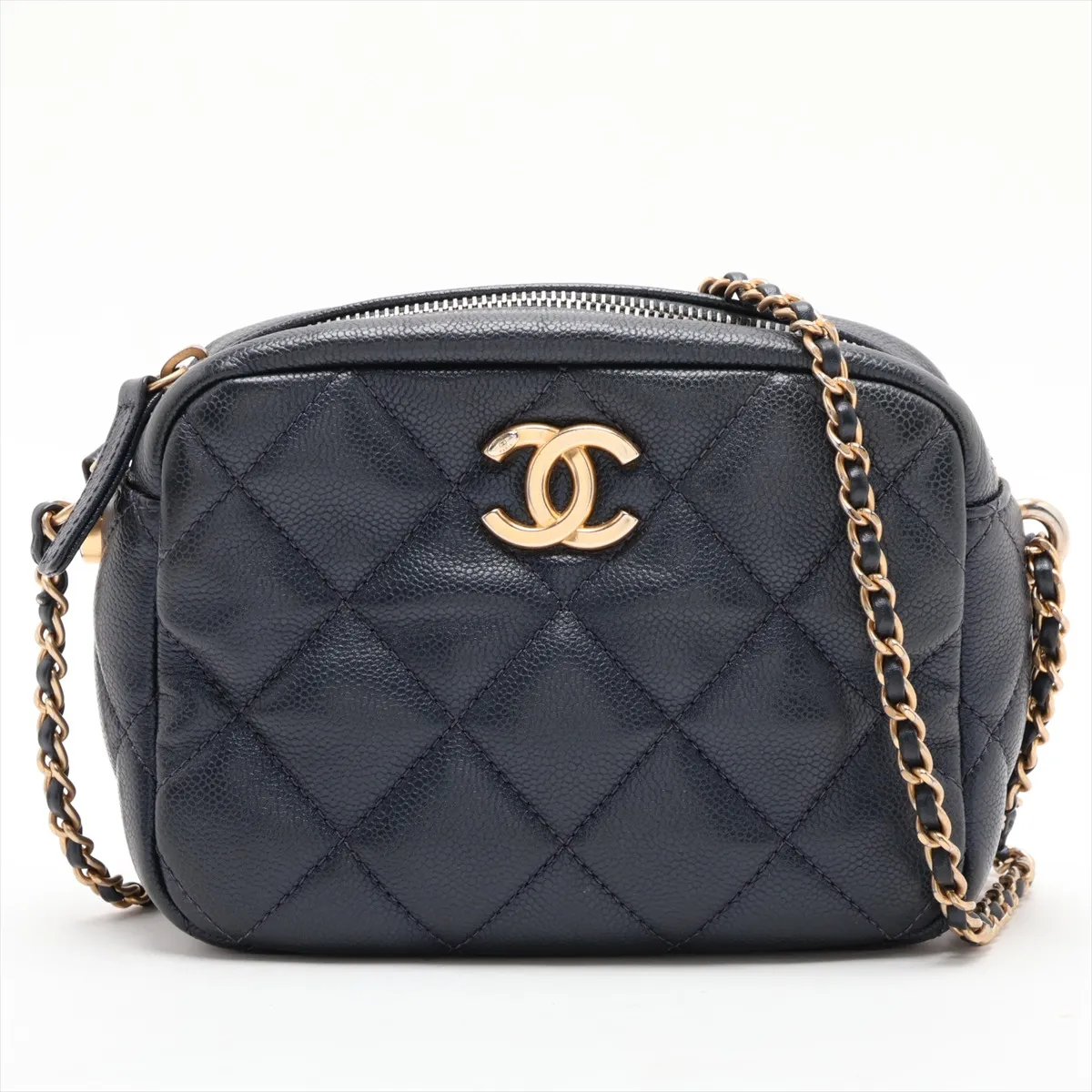 Matelassé Caviar Skin Chain Shoulder Bag, Navy, Gold Hardware, NP395L01, Random Plate
