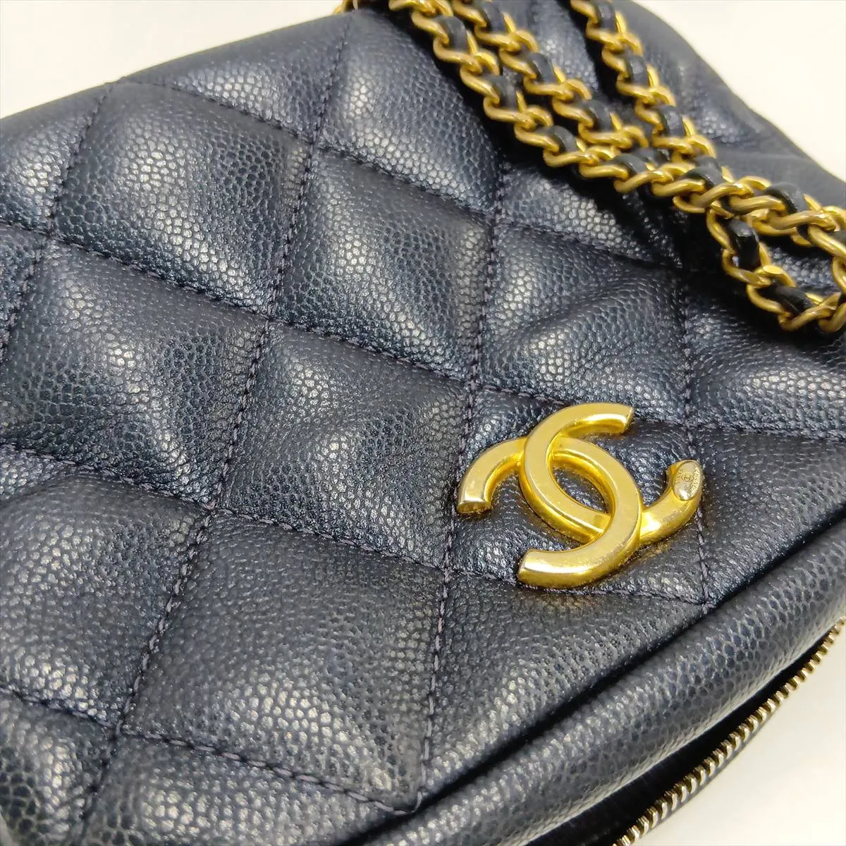 Matelassé Caviar Skin Chain Shoulder Bag, Navy, Gold Hardware, NP395L01, Random Plate — view 14