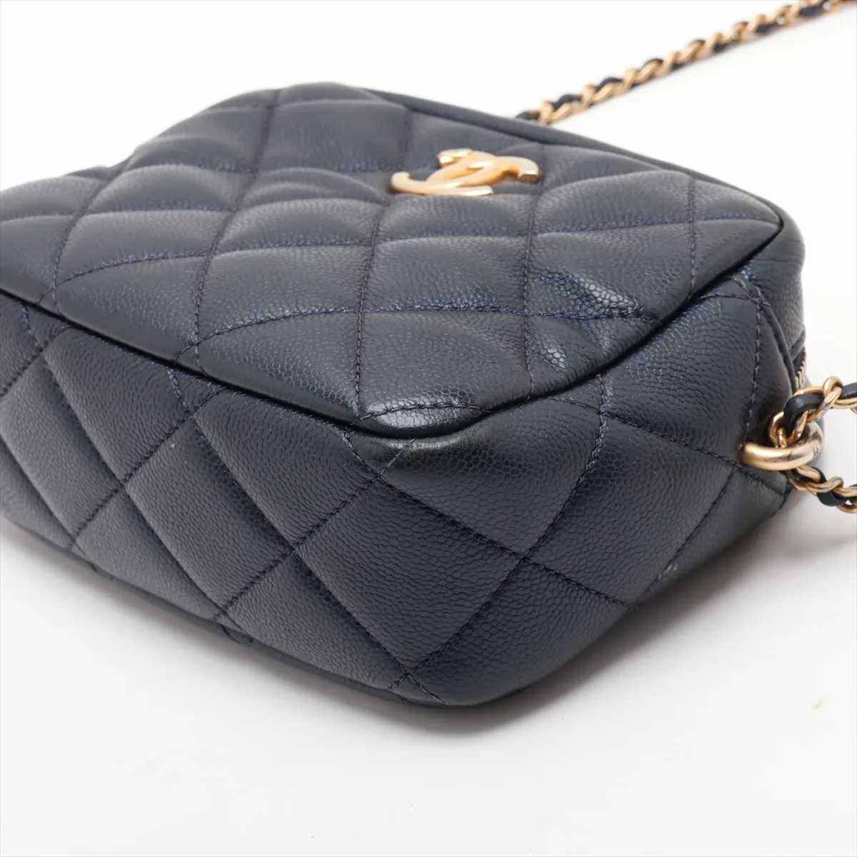 Matelassé Caviar Skin Chain Shoulder Bag, Navy, Gold Hardware, NP395L01, Random Plate — view 3
