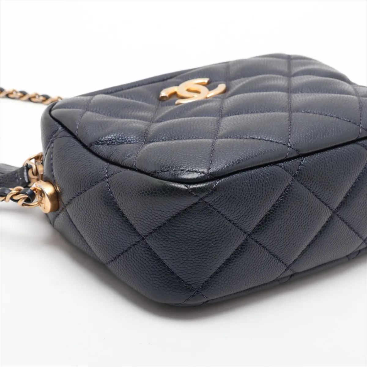 Matelassé Caviar Skin Chain Shoulder Bag, Navy, Gold Hardware, NP395L01, Random Plate — view 4