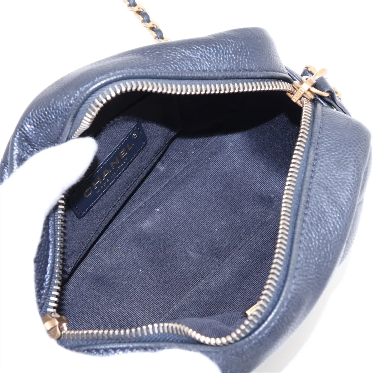 Matelassé Caviar Skin Chain Shoulder Bag, Navy, Gold Hardware, NP395L01, Random Plate — view 6