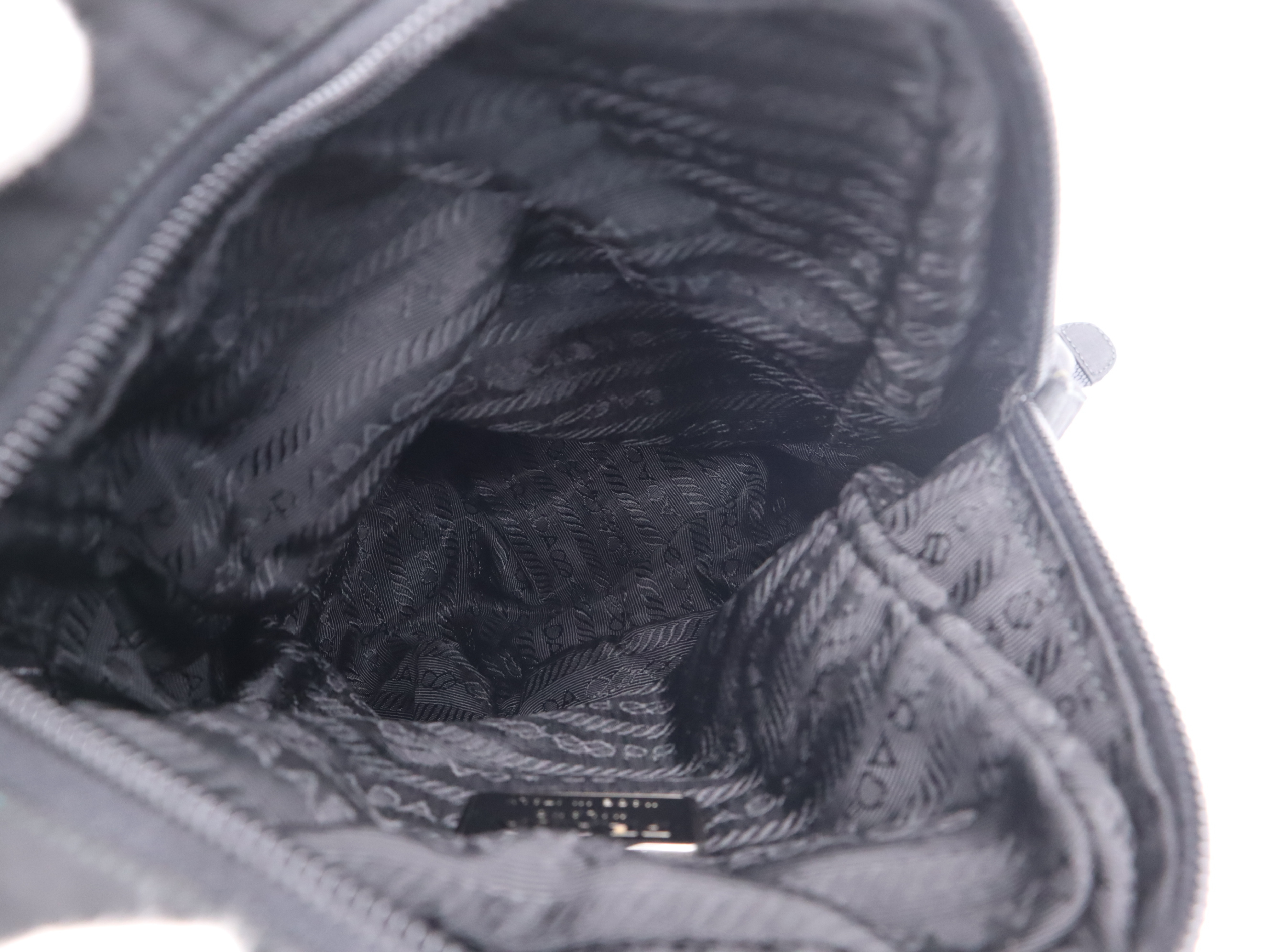 Nylon Triangle Logo Mini Backpack, Black with Silver Hardware and Card Included. — view 11