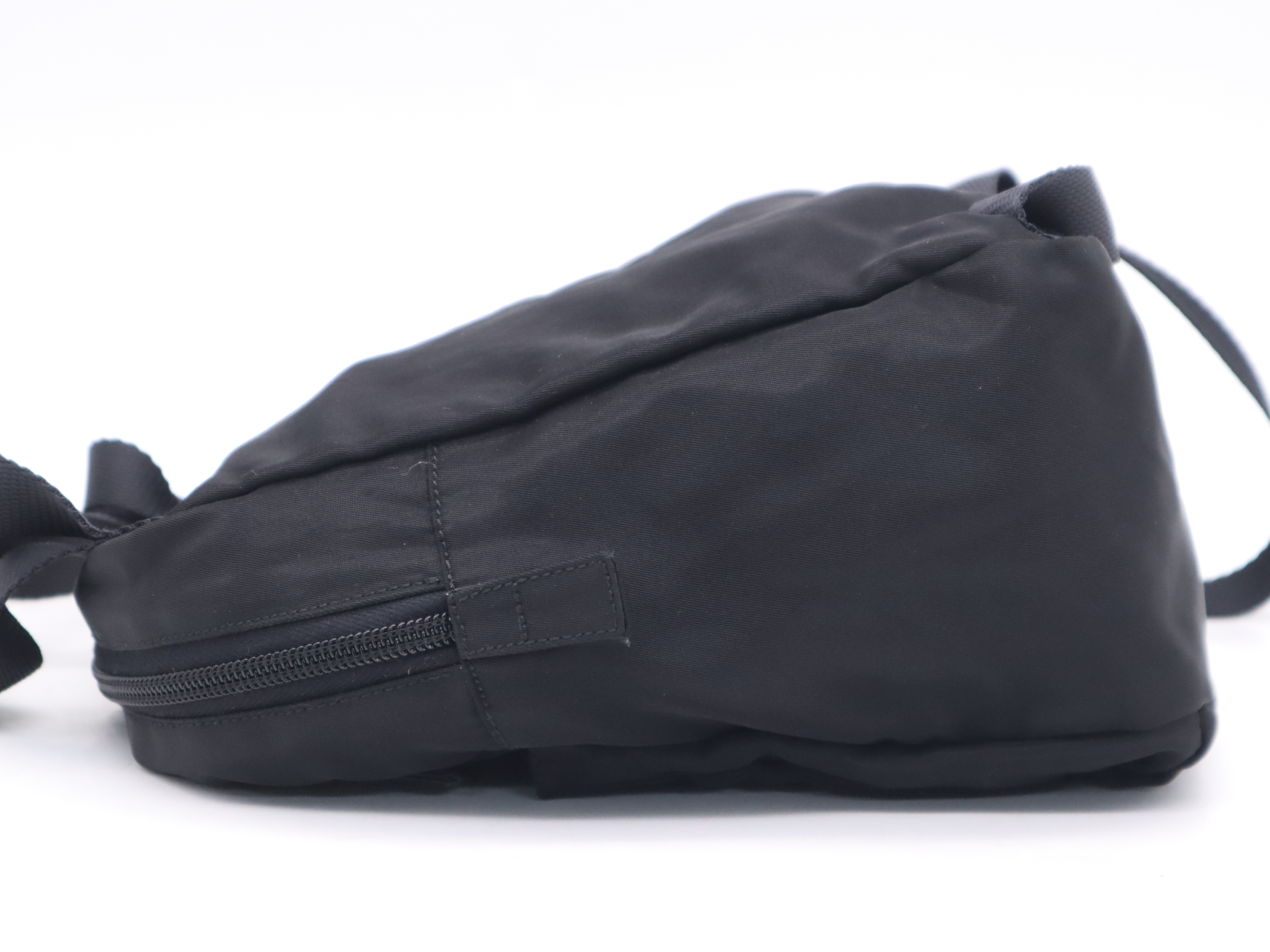 Nylon Triangle Logo Mini Backpack, Black with Silver Hardware and Card Included. — view 3