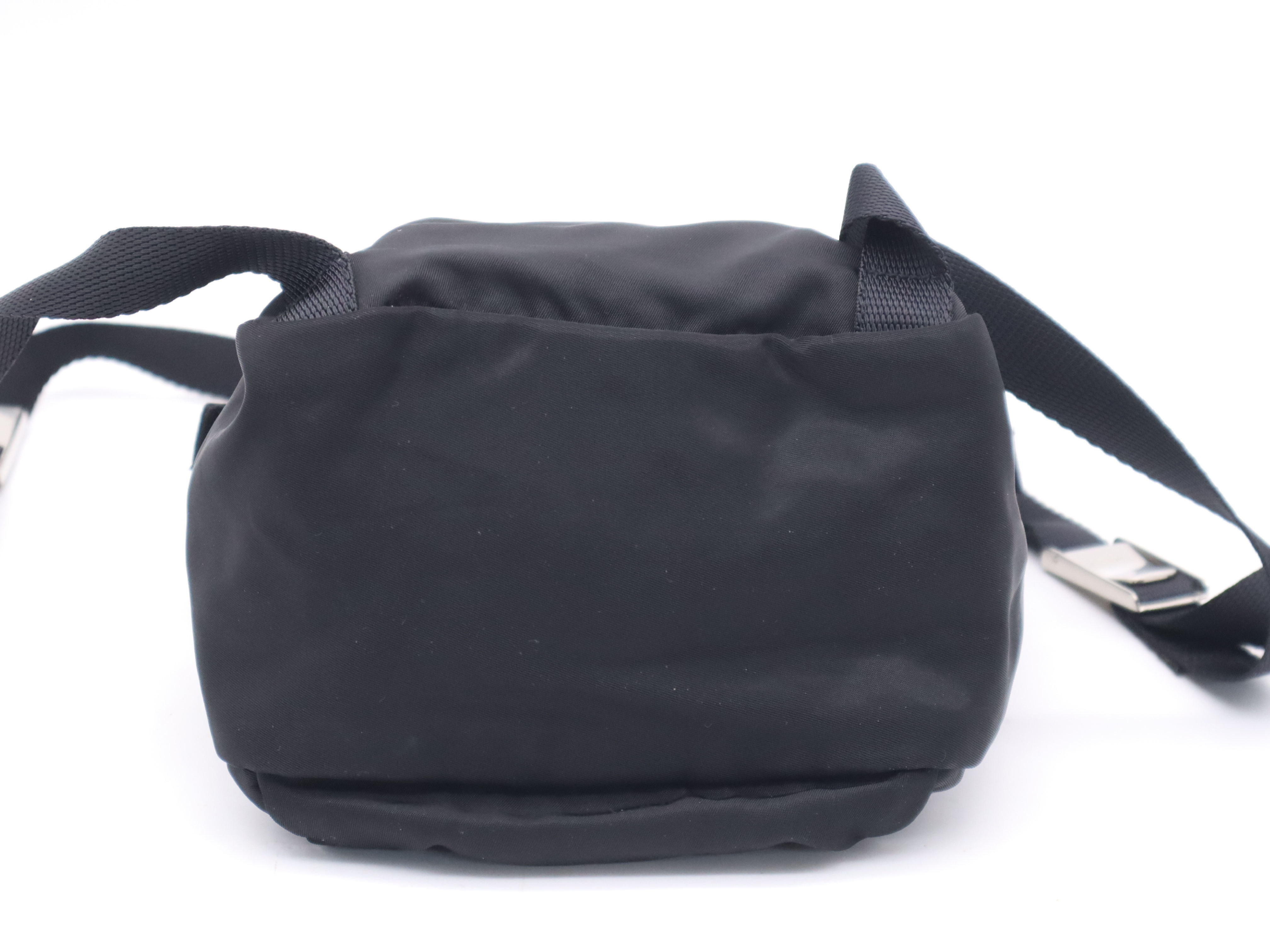 Nylon Triangle Logo Mini Backpack, Black with Silver Hardware and Card Included. — view 4