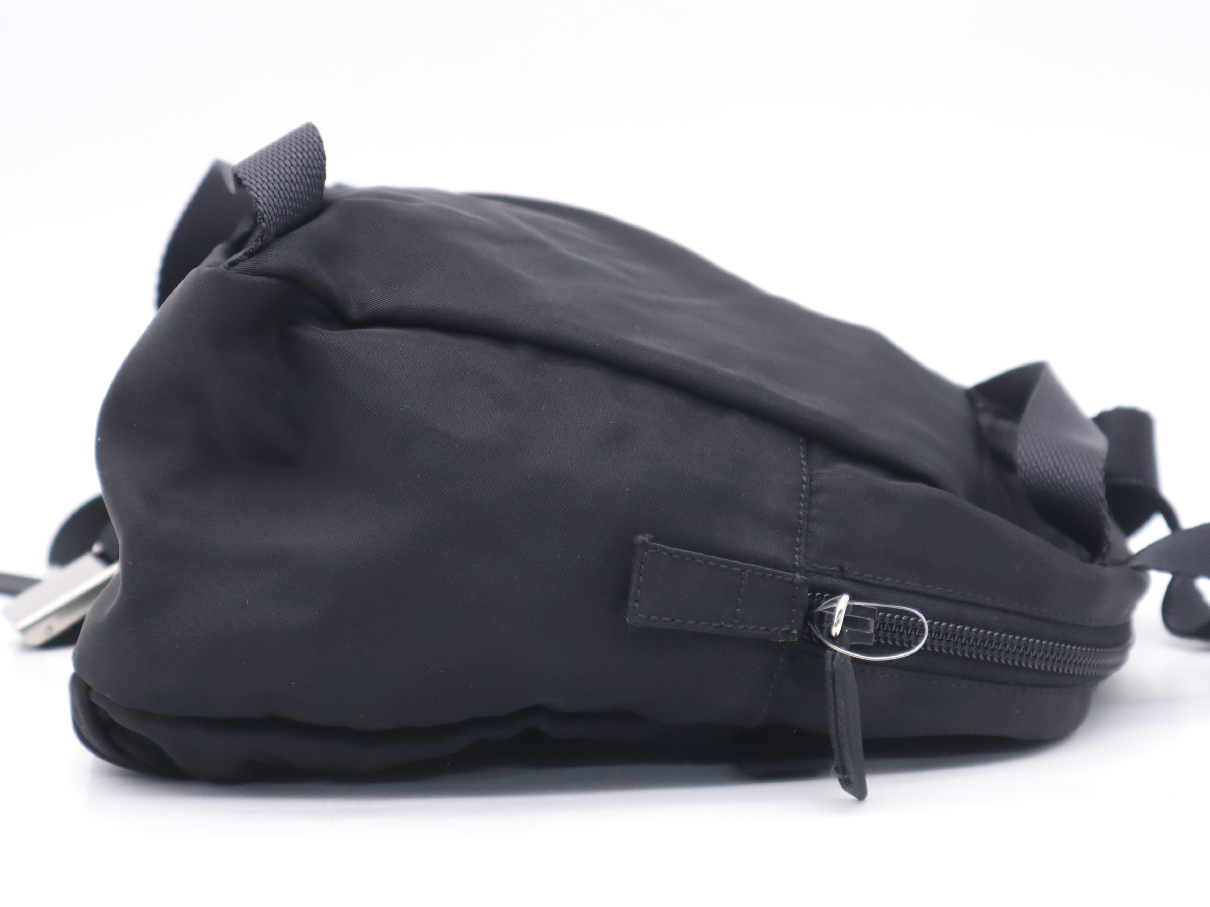 Nylon Triangle Logo Mini Backpack, Black with Silver Hardware and Card Included. — view 5