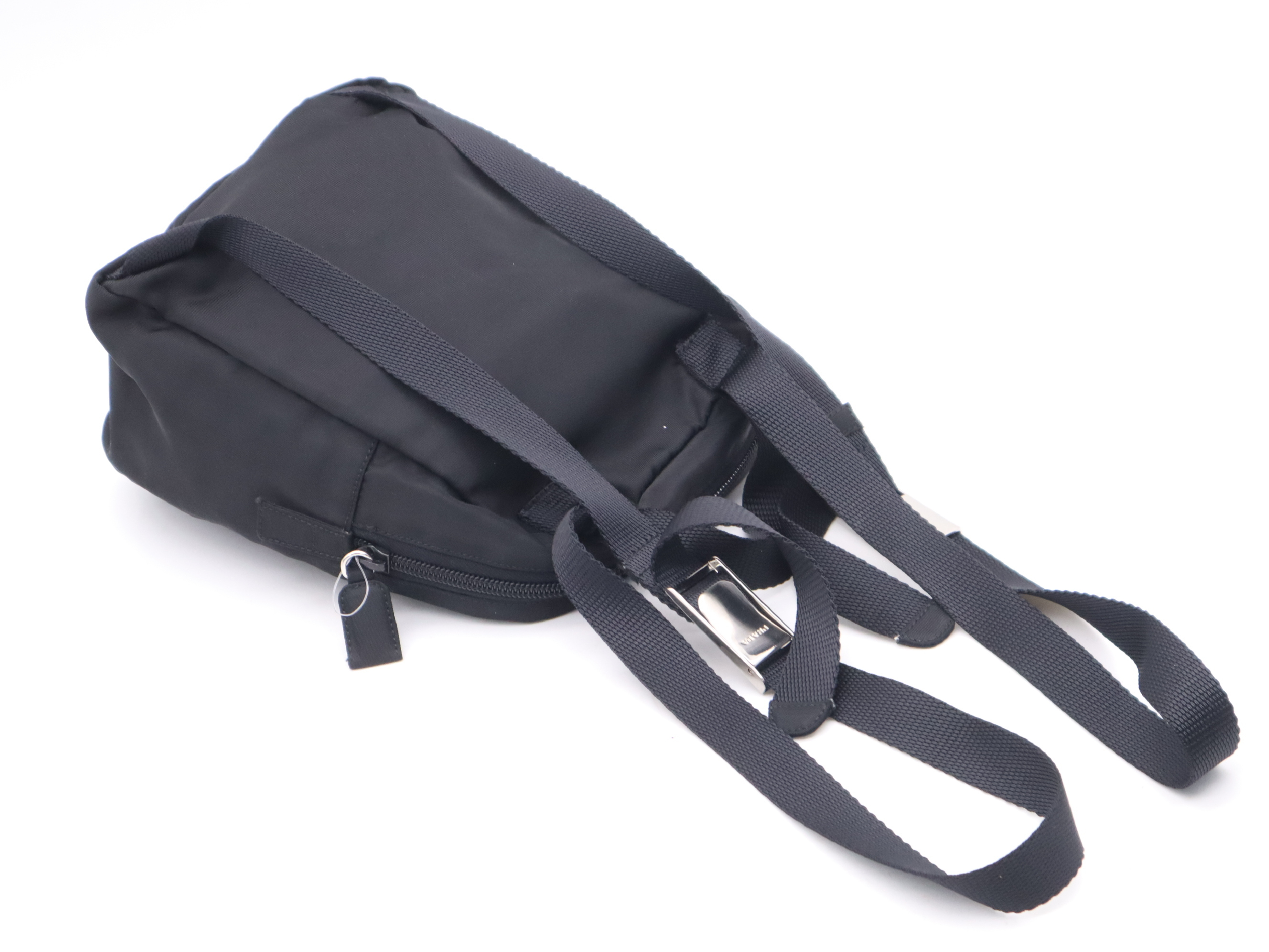 Nylon Triangle Logo Mini Backpack, Black with Silver Hardware and Card Included. — view 6