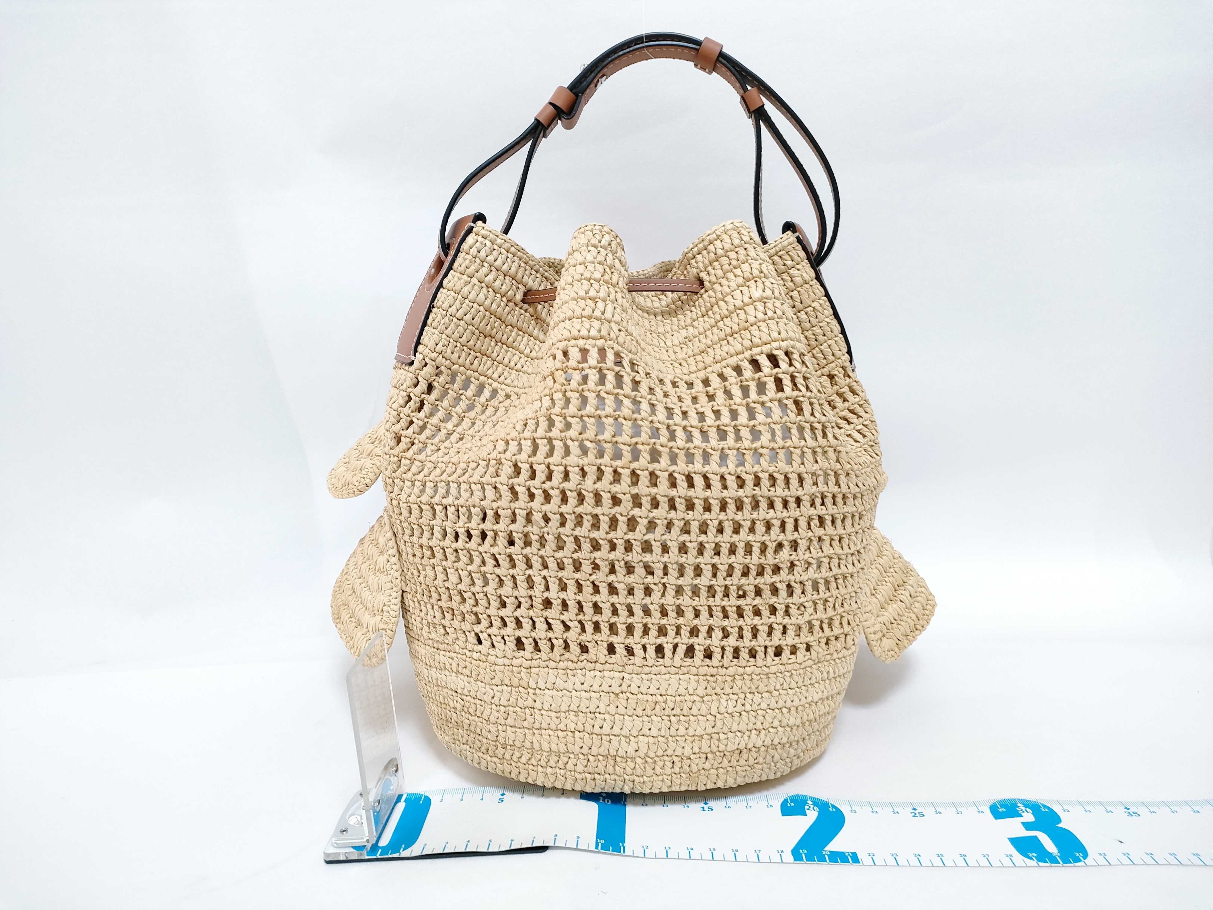 Balloon Ruffle Straw x Leather Shoulder Bag, Brown — view 2