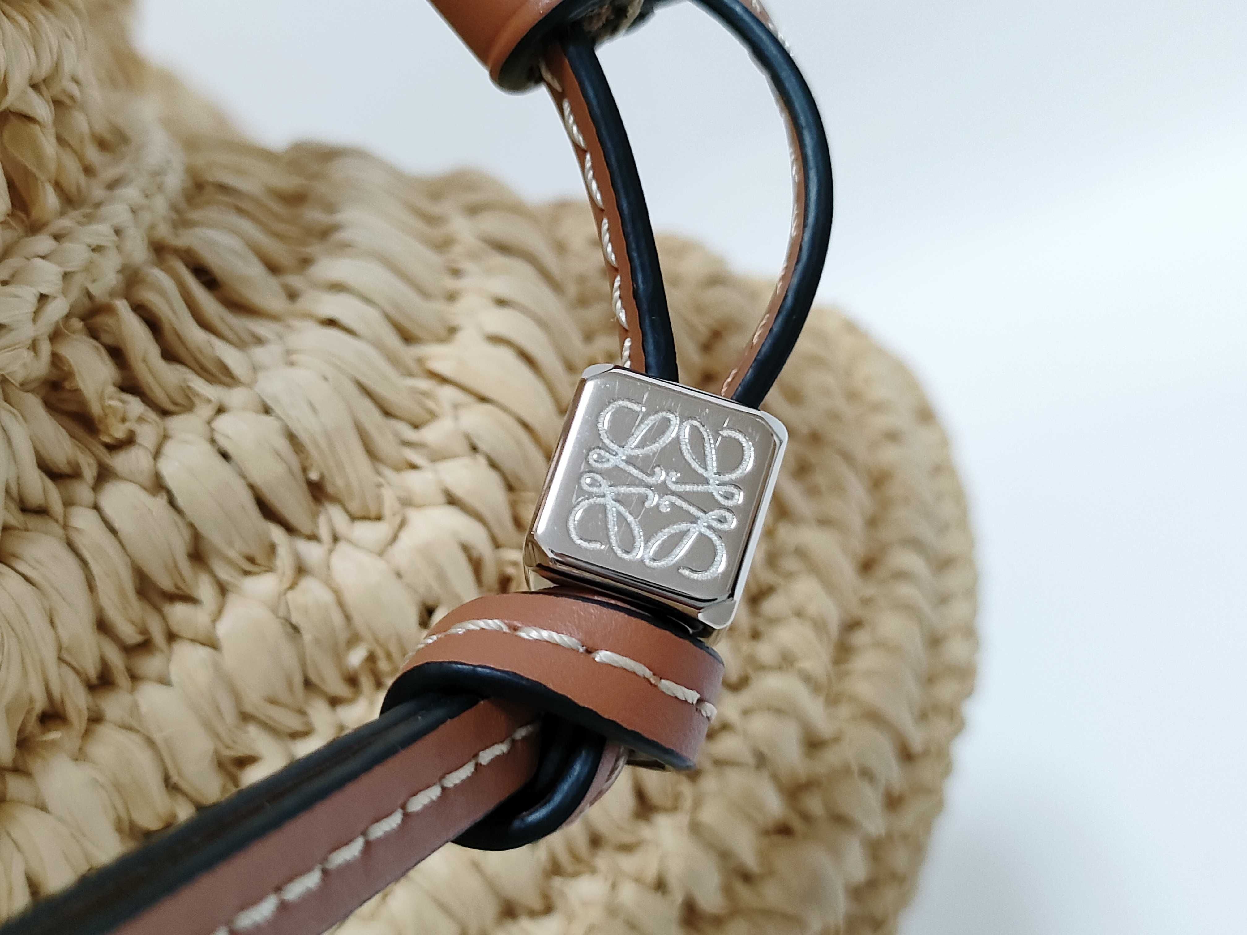 Balloon Ruffle Straw x Leather Shoulder Bag, Brown — view 12