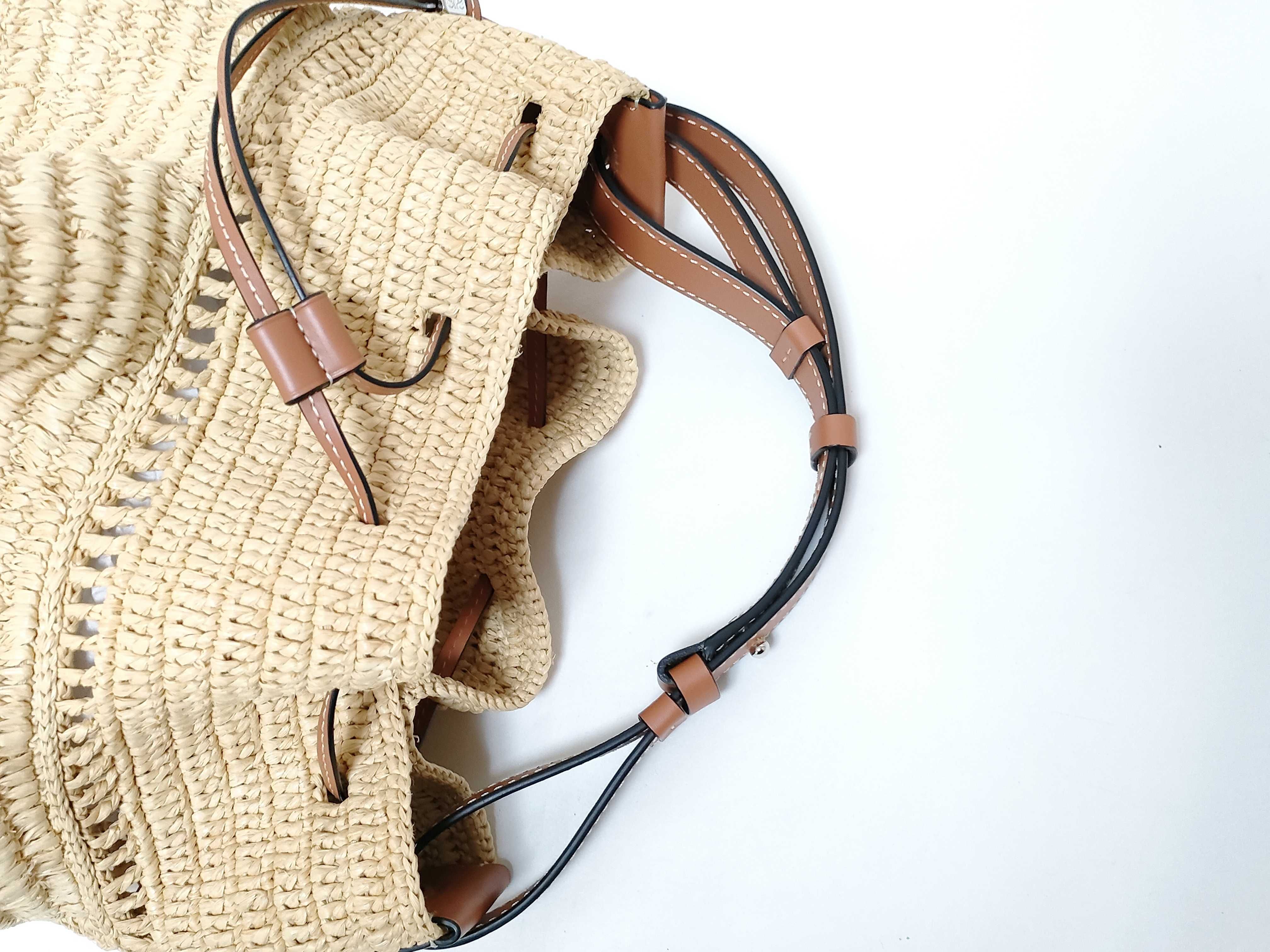 Balloon Ruffle Straw x Leather Shoulder Bag, Brown — view 3