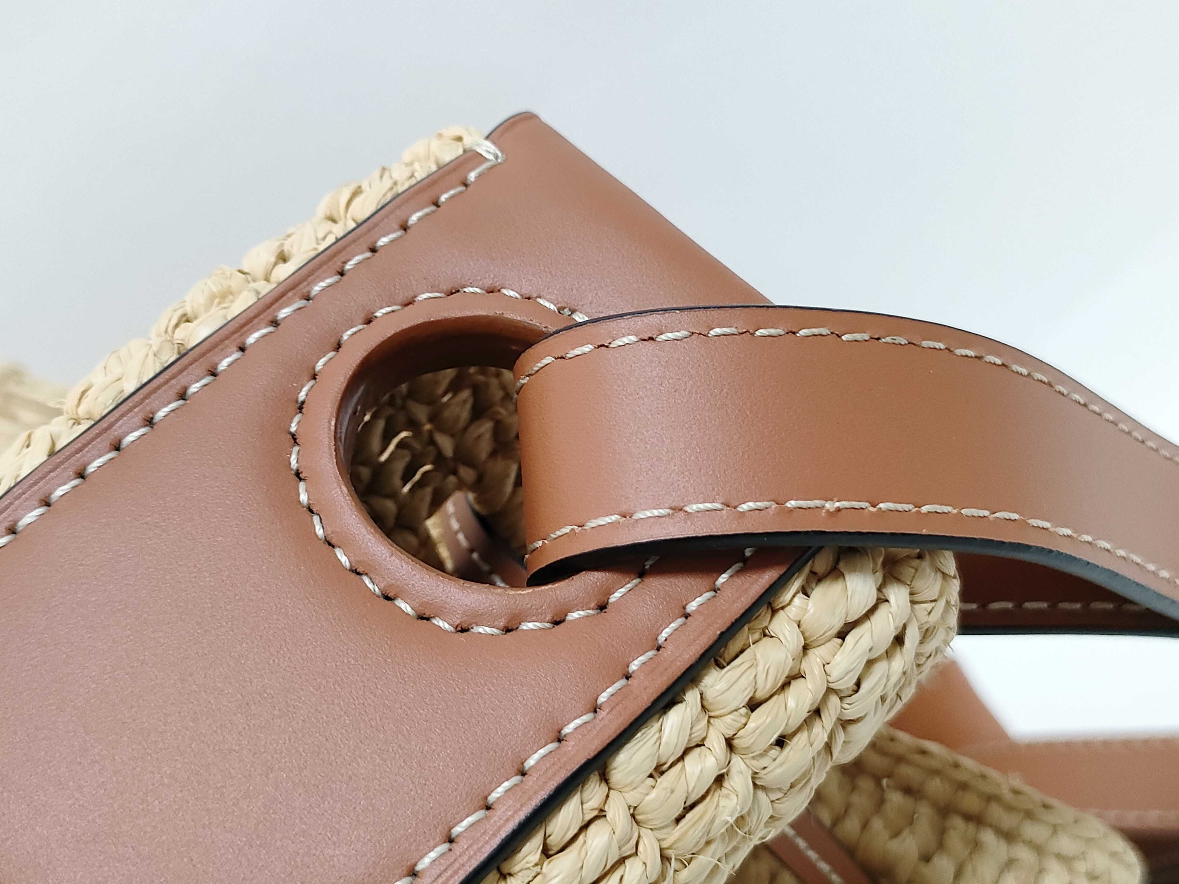 Balloon Ruffle Straw x Leather Shoulder Bag, Brown — view 5