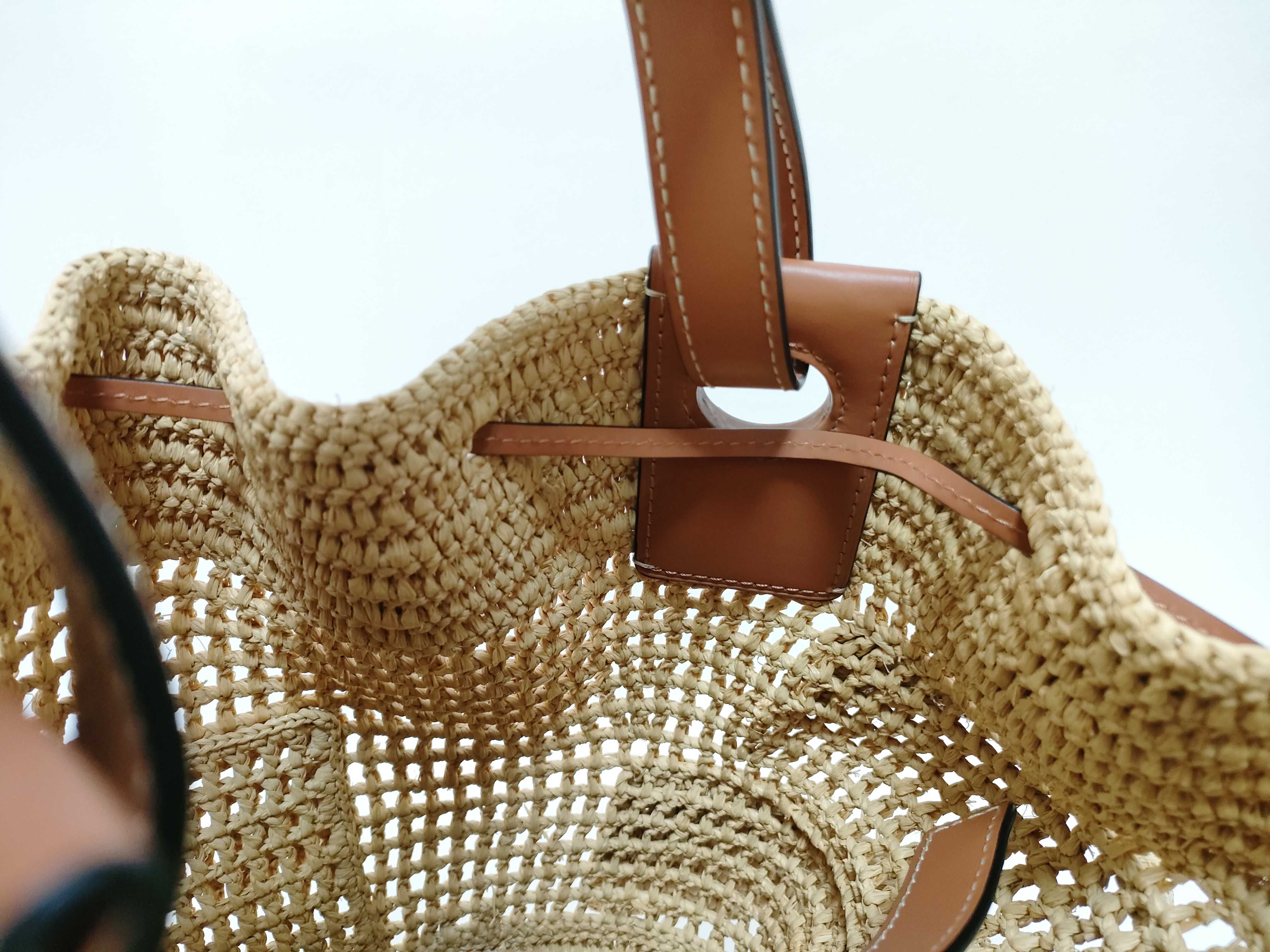 Balloon Ruffle Straw x Leather Shoulder Bag, Brown — view 8