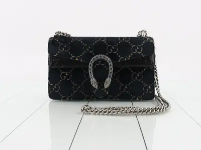 Dionysus Navy Velour GG Chain Shoulder Bag