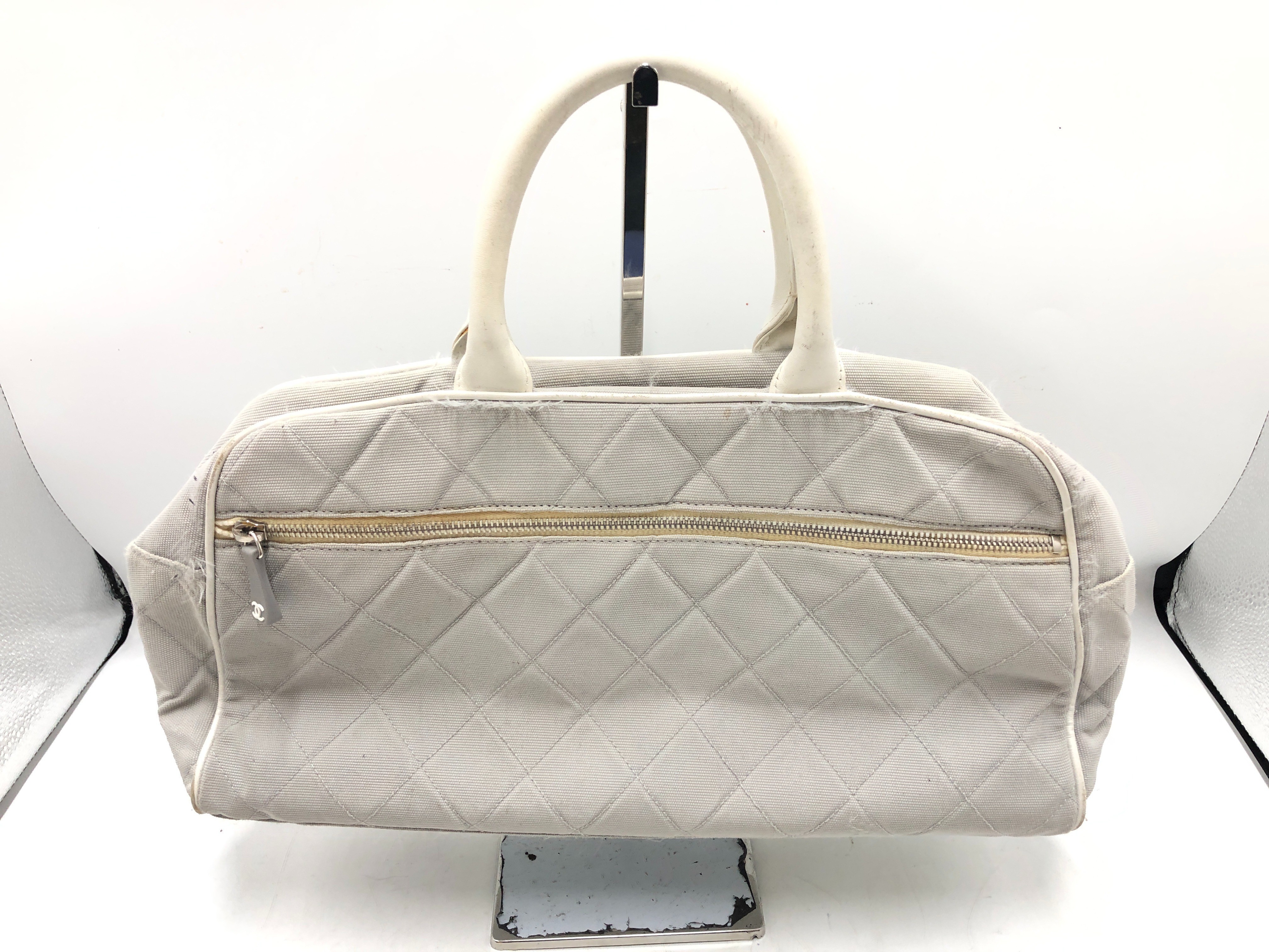 Sport Line Matelassé Mini Boston Bag, Canvas/Leather, Light Gray — view 2