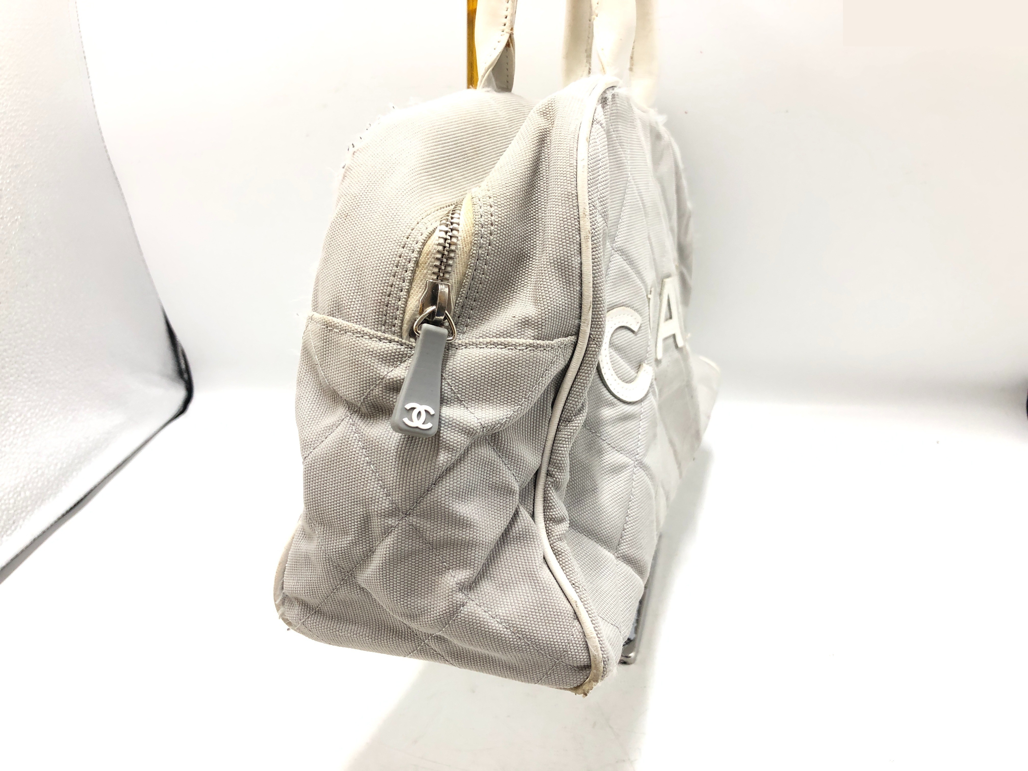 Sport Line Matelassé Mini Boston Bag, Canvas/Leather, Light Gray — view 3