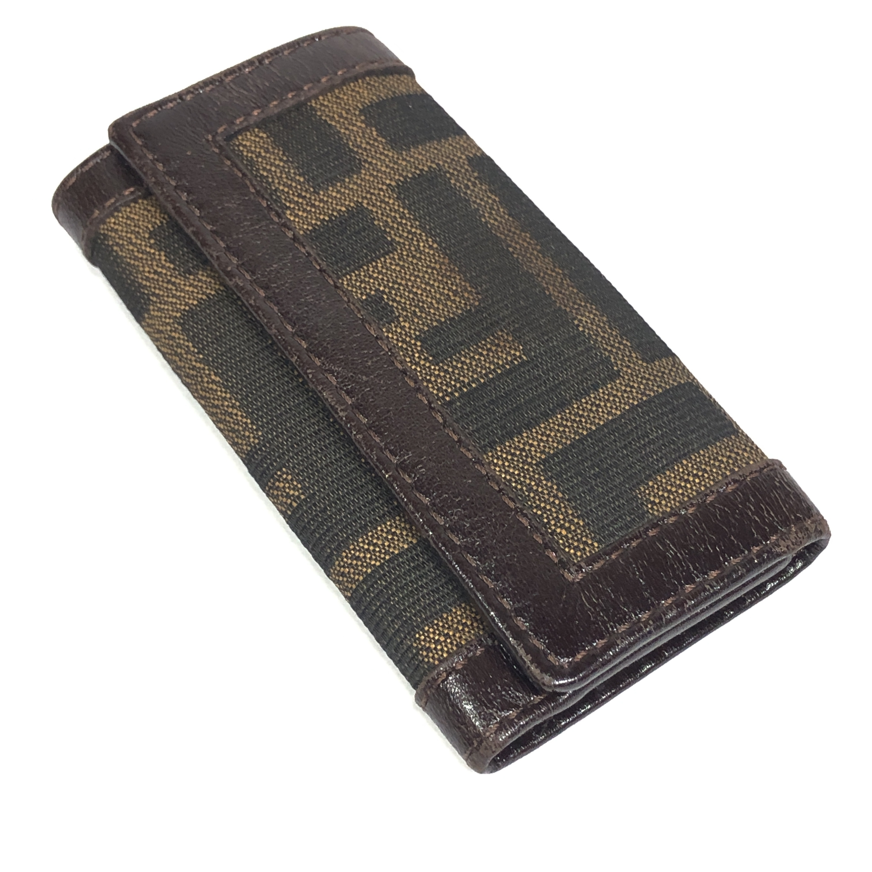 Zucca pattern key case with FF design, 4 hooks, leather and canvas, made in Italy. — view 3