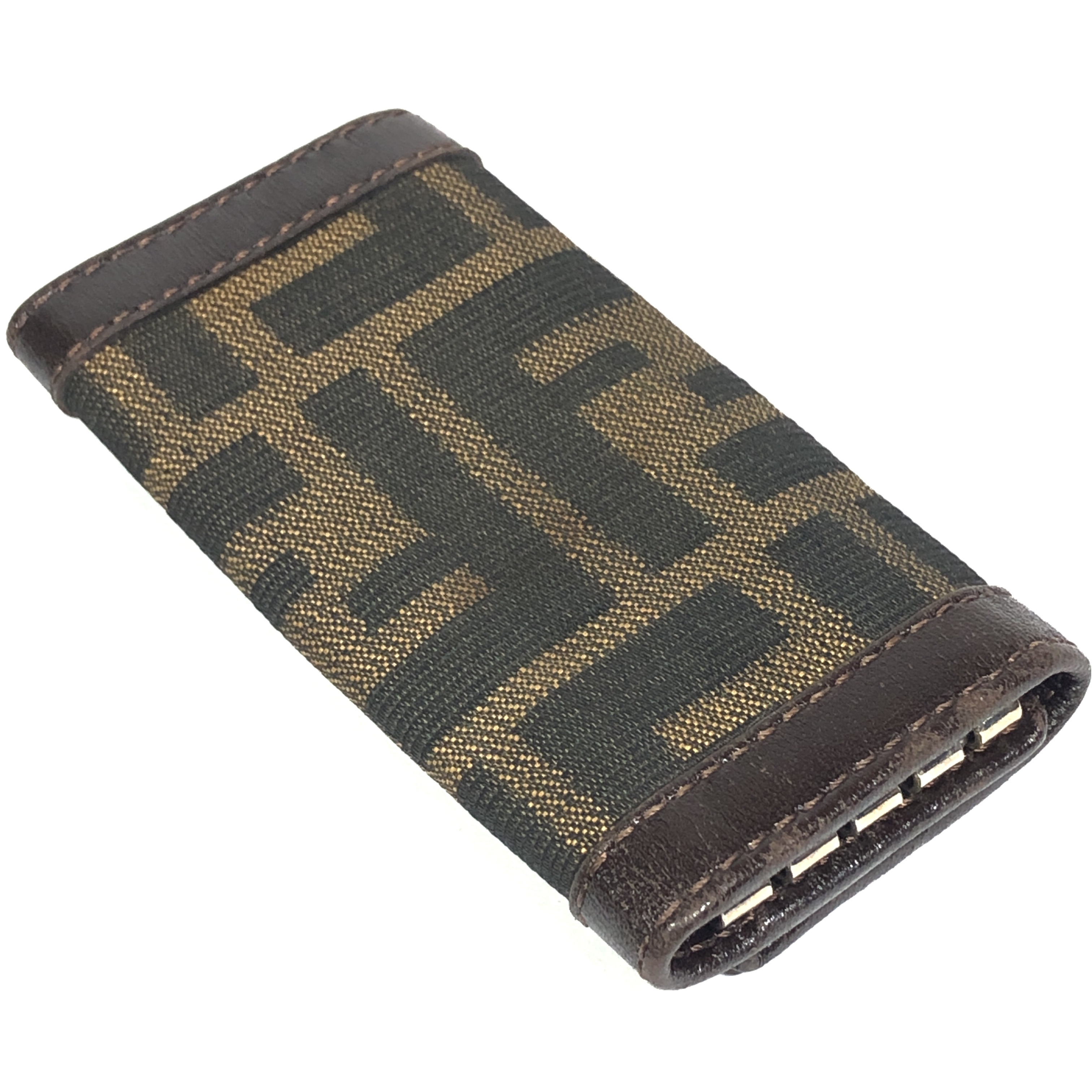 Zucca pattern key case with FF design, 4 hooks, leather and canvas, made in Italy. — view 5