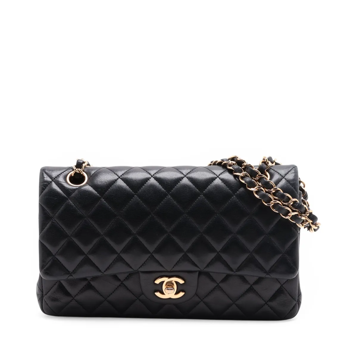 Matelassé 25 Lambskin Double Flap Double Chain Bag, Black with Gold Hardware, 20105909, Serial Number in the 20s, A01112