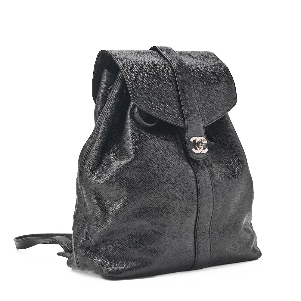 Caviar skin turn-lock drawstring backpack, black, silver hardware, series 5. — view 3