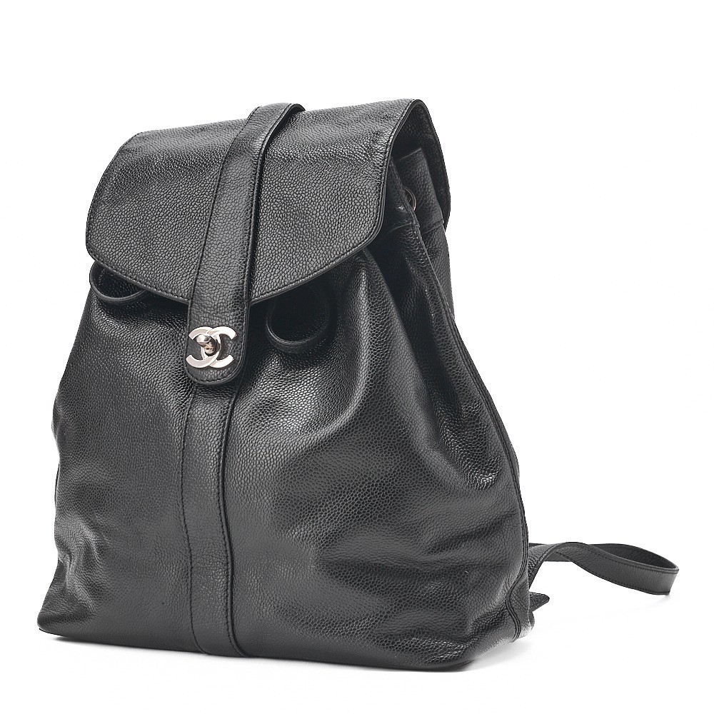 Caviar skin turn-lock drawstring backpack, black, silver hardware, series 5. — view 4