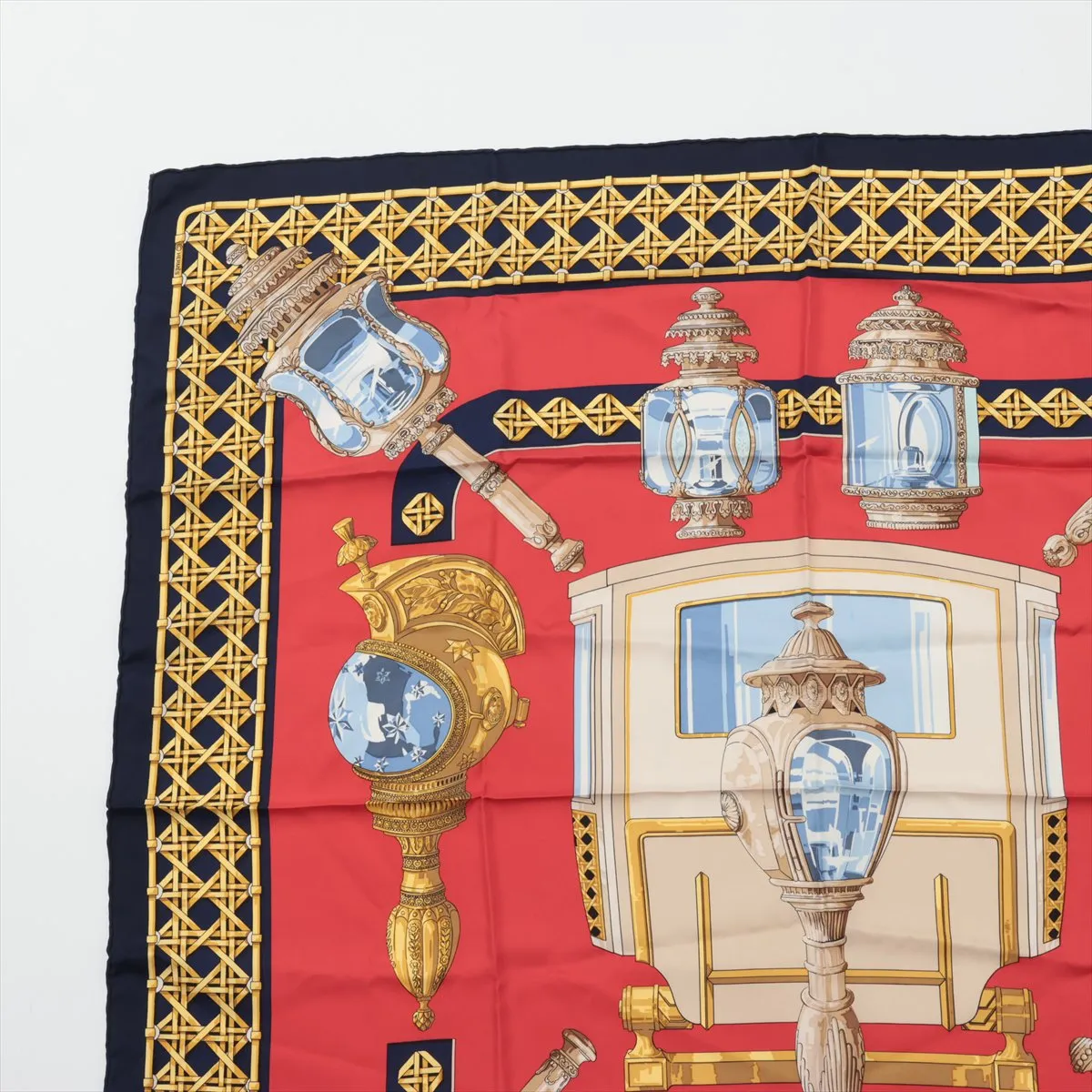 Carre 90 Feux de Route Carriage Lantern Scarf, Silk, Red x Navy. Shows signs of wear, — view 2
