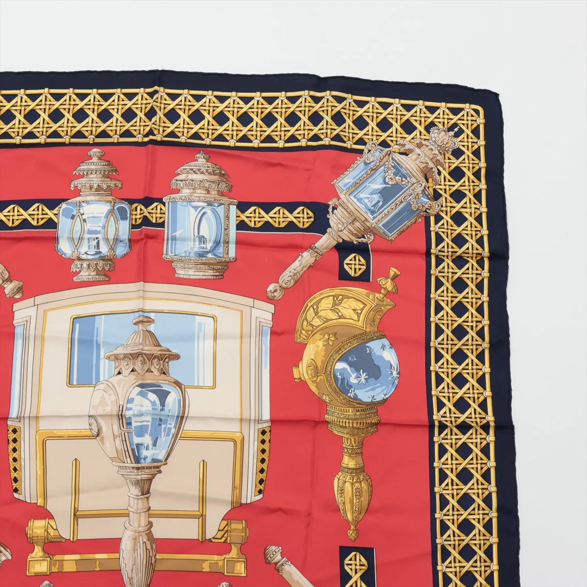 Carre 90 Feux de Route Carriage Lantern Scarf, Silk, Red x Navy. Shows signs of wear, — view 3