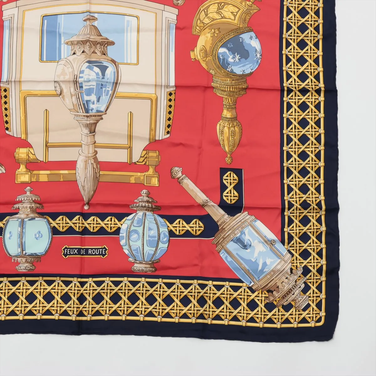 Carre 90 Feux de Route Carriage Lantern Scarf, Silk, Red x Navy. Shows signs of wear, — view 4