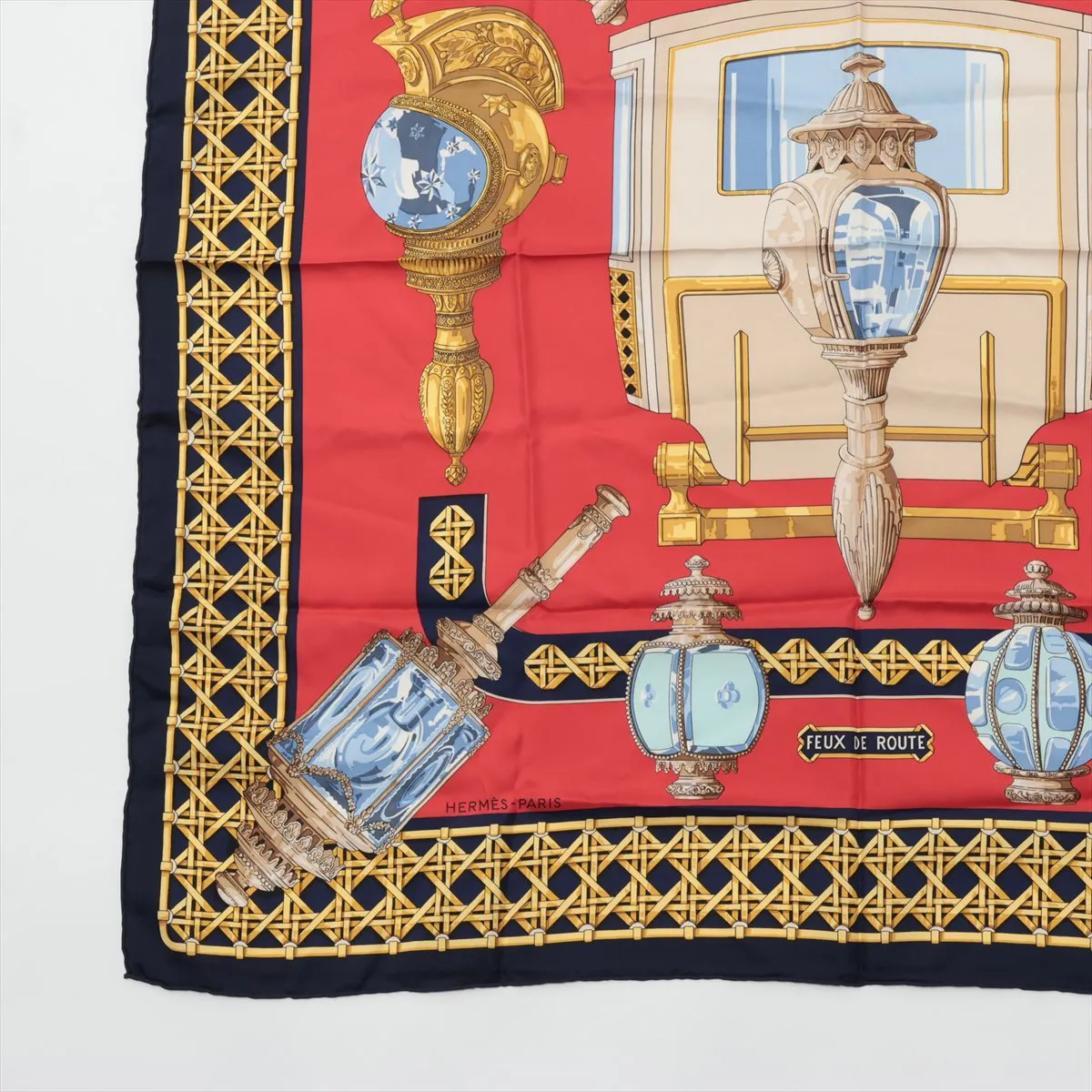 Carre 90 Feux de Route Carriage Lantern Scarf, Silk, Red x Navy. Shows signs of wear, — view 5