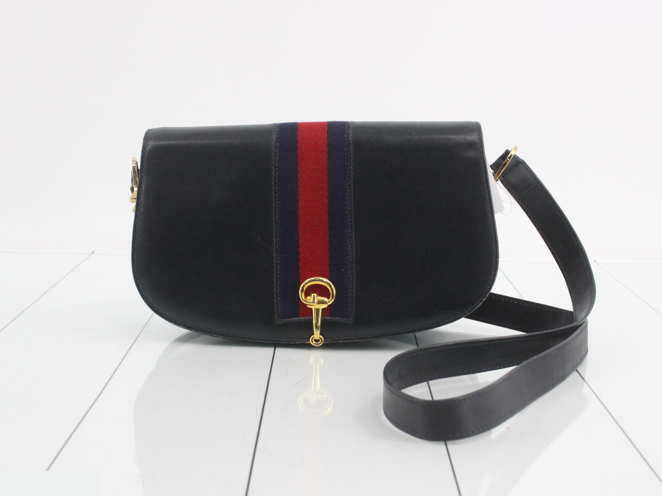 Sherry Leather Shoulder Bag, Navy, Old Horsebit Hardware