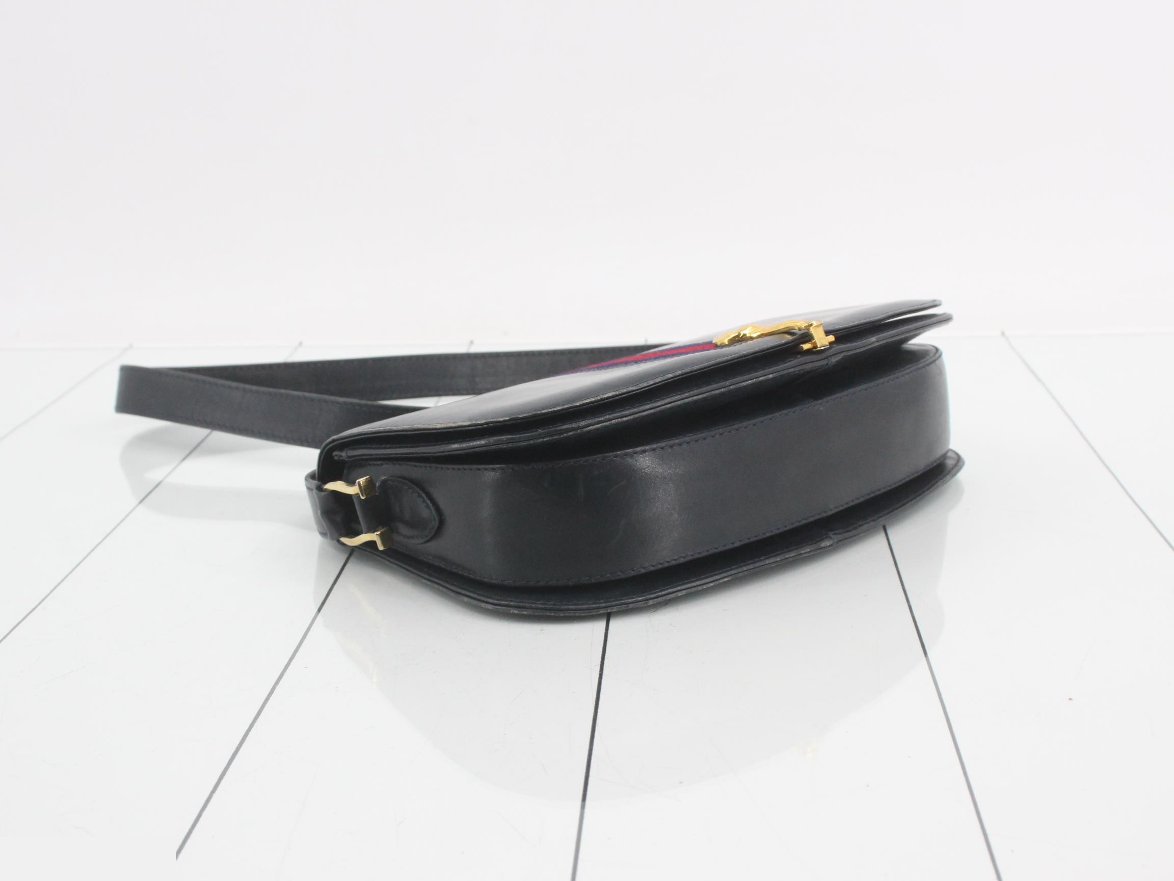 Sherry Leather Shoulder Bag, Navy, Old Horsebit Hardware — view 5