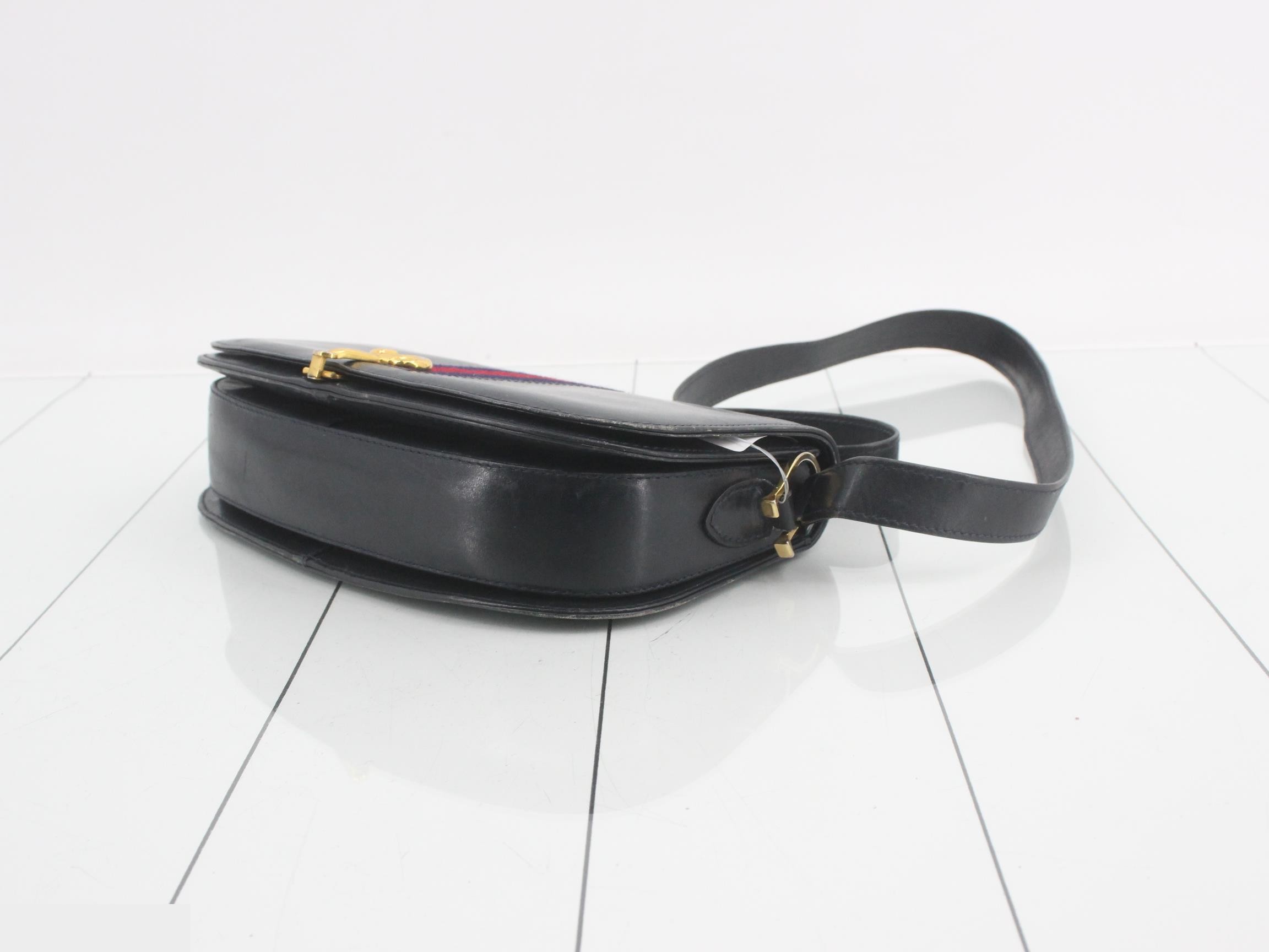 Sherry Leather Shoulder Bag, Navy, Old Horsebit Hardware — view 6