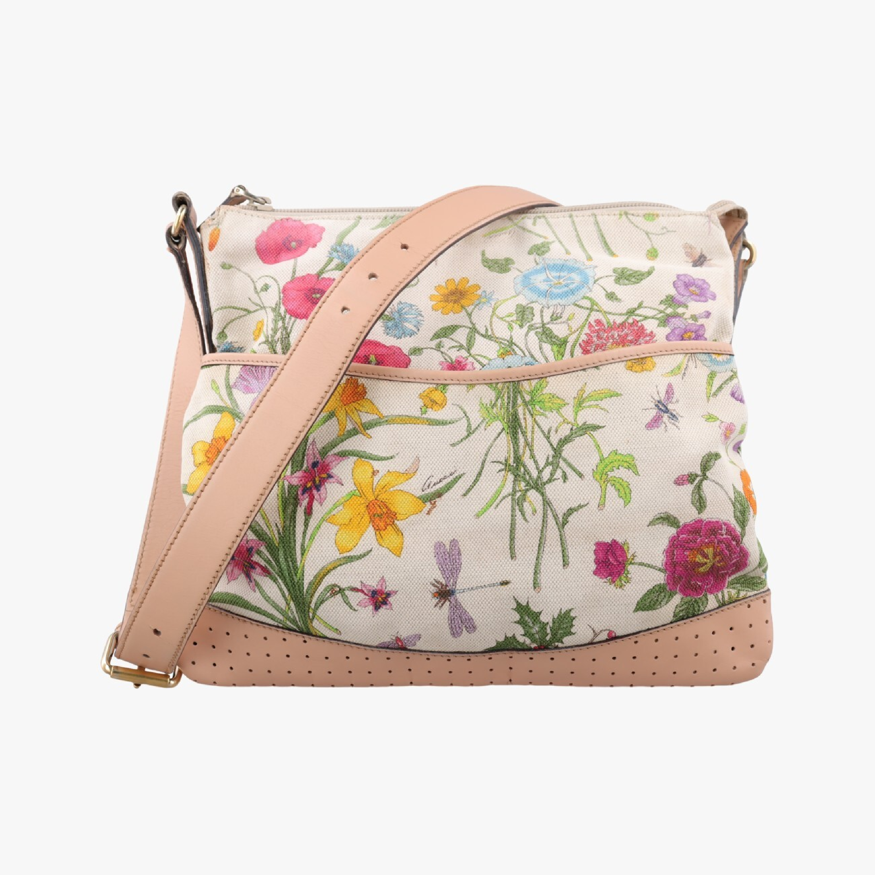 Flora Multicolor x Ivory Canvas x Leather Shoulder Bag 145857