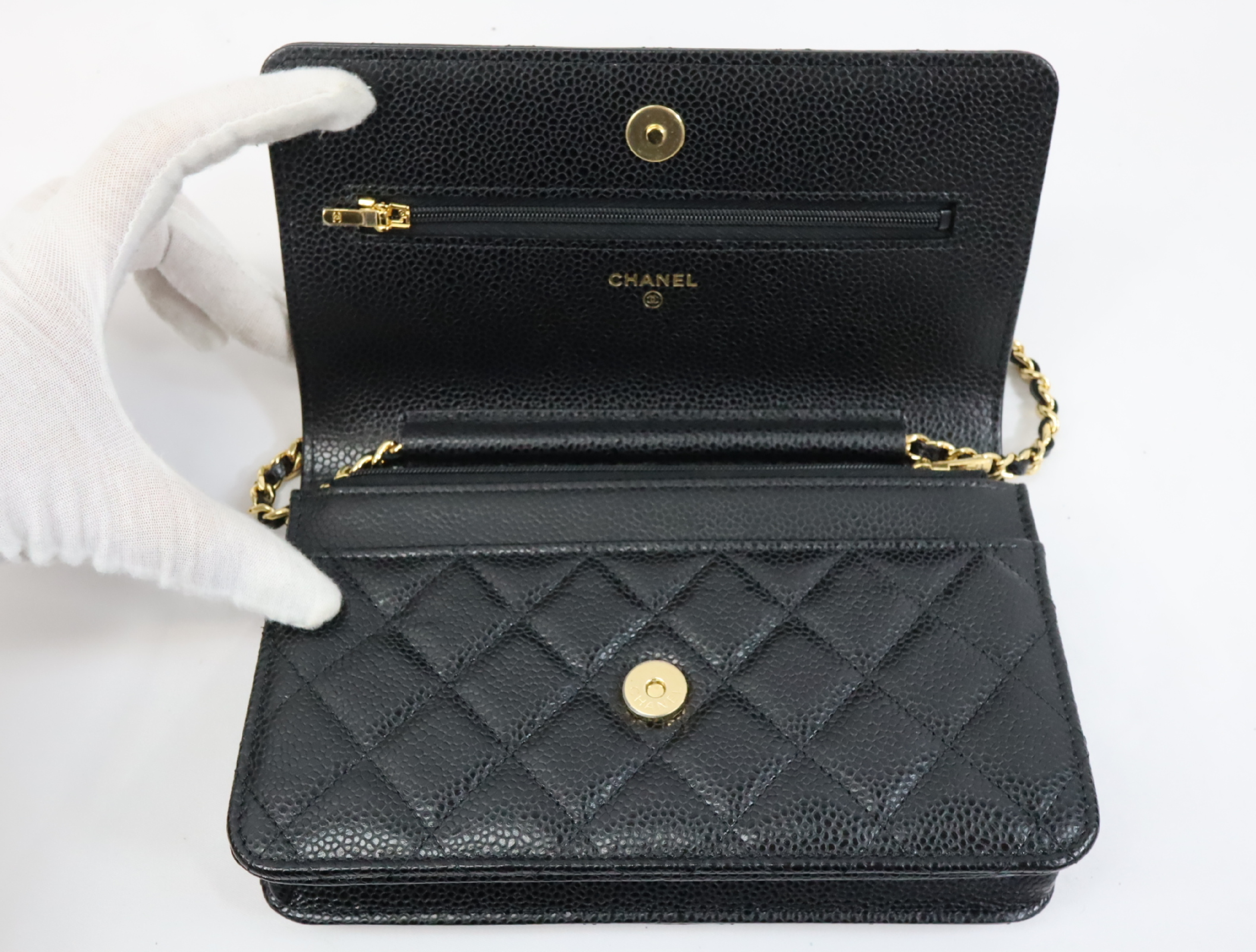 Matelassé Caviar Skin Chain Wallet, Black with Gold Hardware, Serial Number 29 (AP0250), Shoulder Bag — view 12