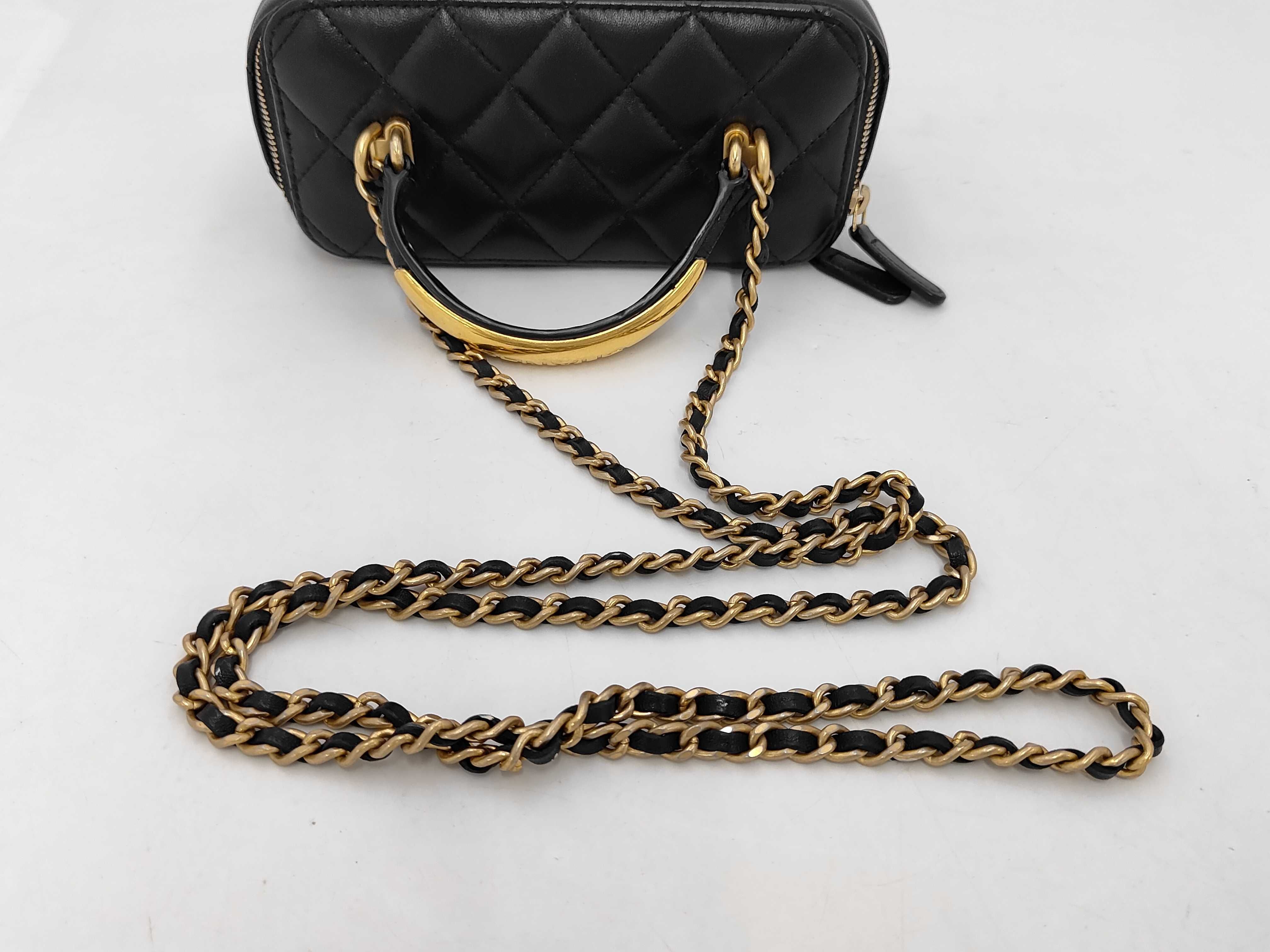 Matelassé Metal Top Handle Vanity Chain Shoulder Bag, Lambskin, Black, Gold Hardware, Shoulder Bag — view 5