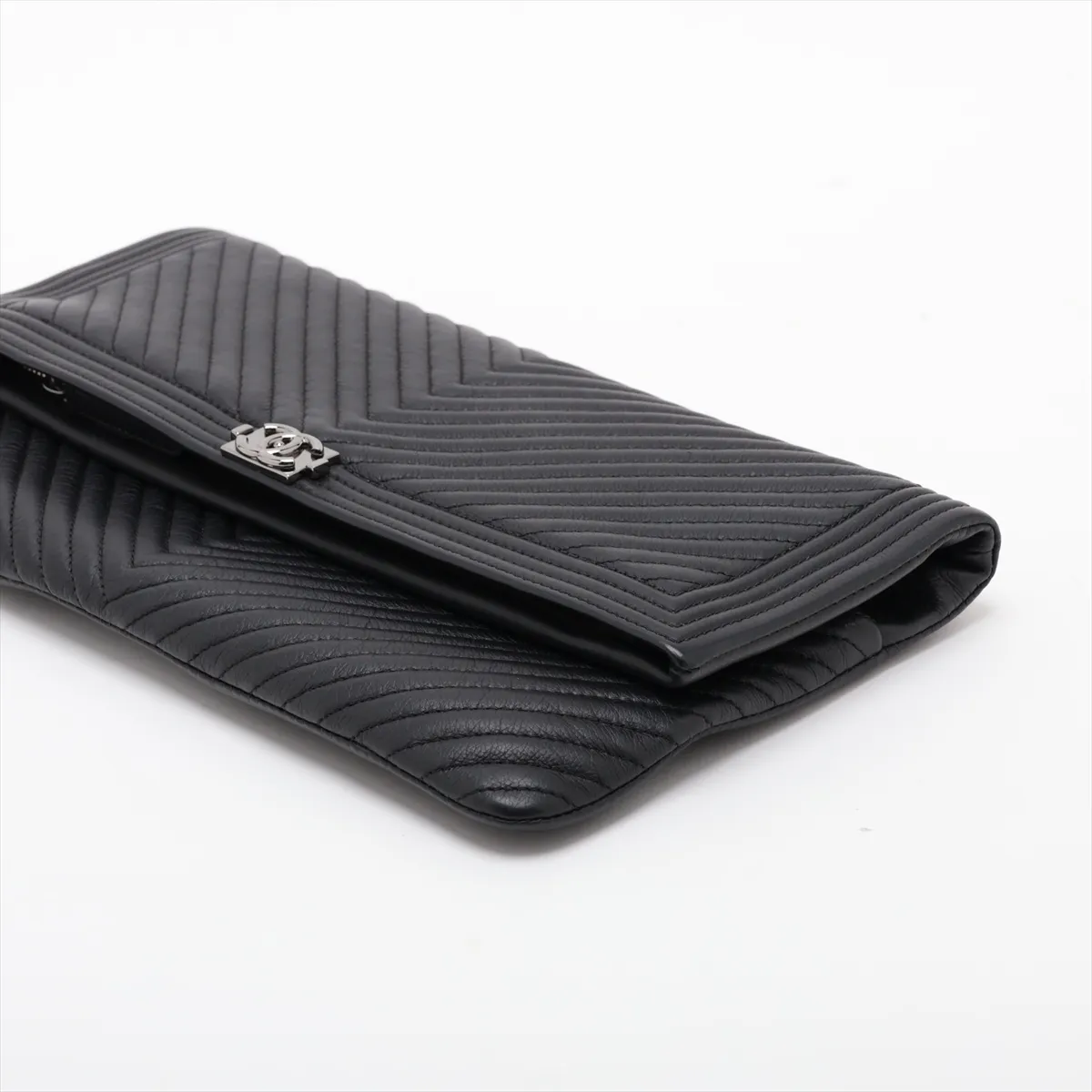 Boy Chanel Leather Clutch Bag, Chevron, Black, Silver Hardware, 21059654, Serial Number 21 — view 3