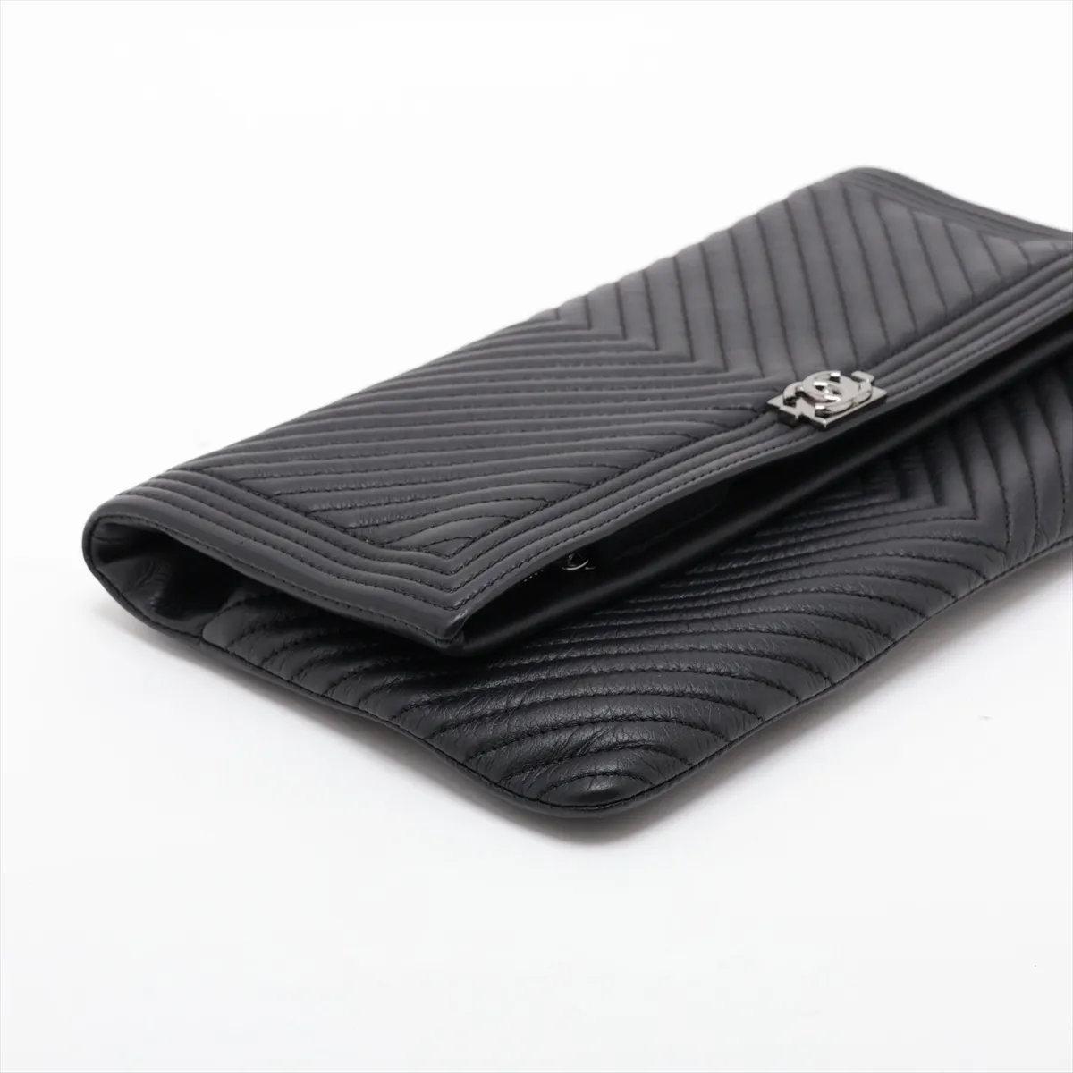 Boy Chanel Leather Clutch Bag, Chevron, Black, Silver Hardware, 21059654, Serial Number 21 — view 4