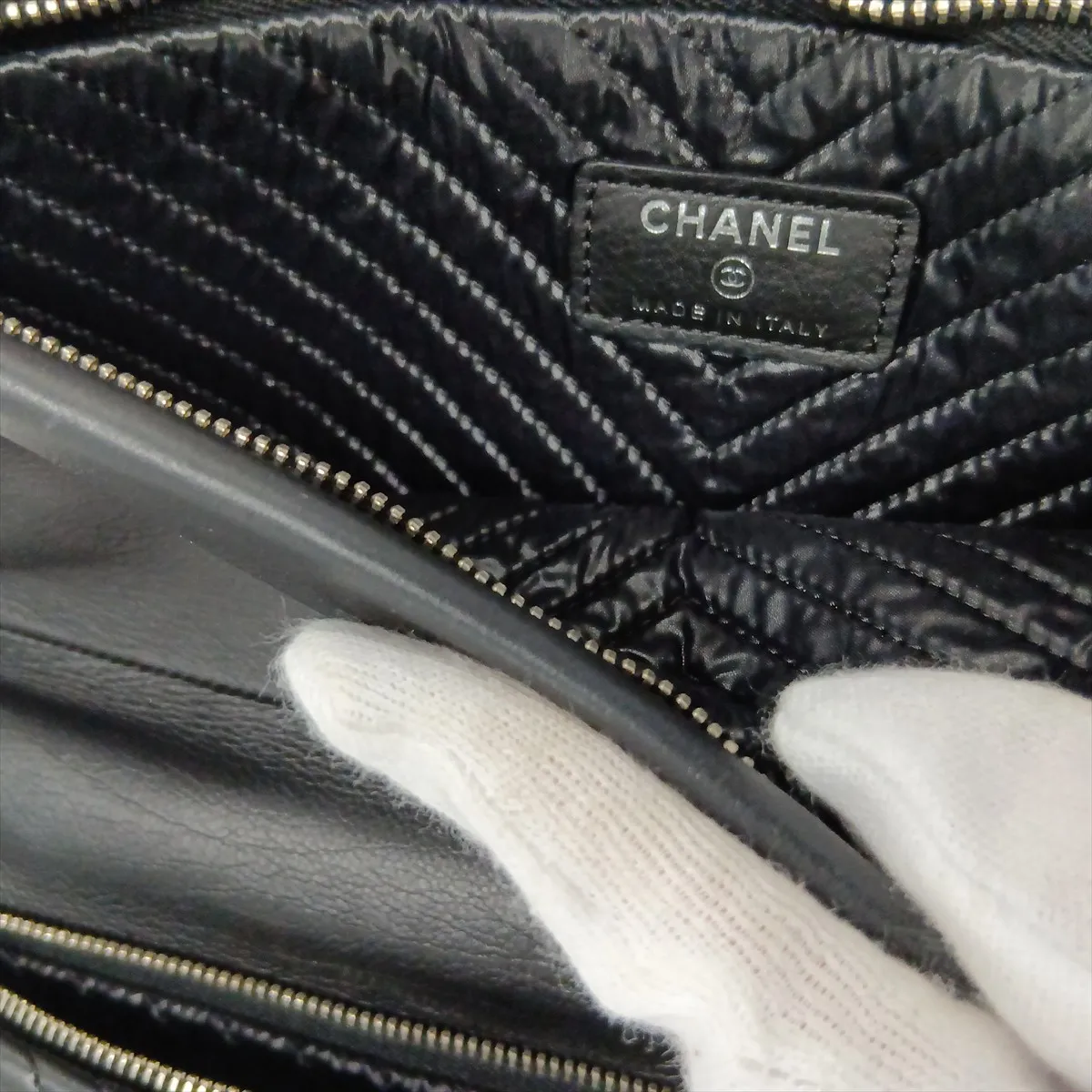 Boy Chanel Leather Clutch Bag, Chevron, Black, Silver Hardware, 21059654, Serial Number 21 — view 9