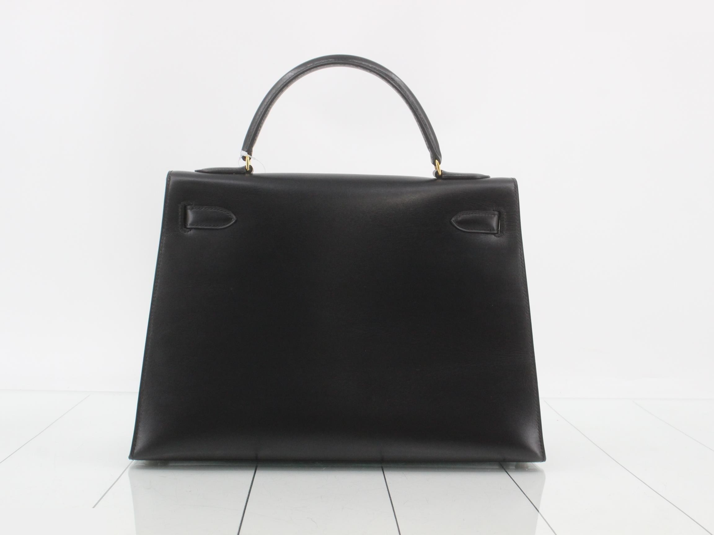 Leather Box Calf Kelly 32 Handbag, Black, Gold Hardware — view 3
