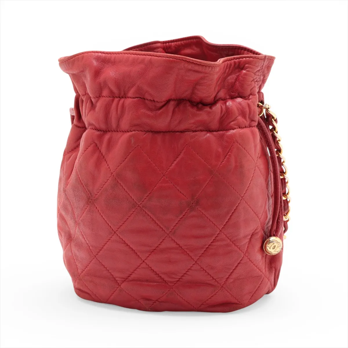 Matelassé Lambskin Chain Shoulder Bag, Drawstring, Red, Gold Hardware, 0747762 (Serial Number in the 0s) — view 2