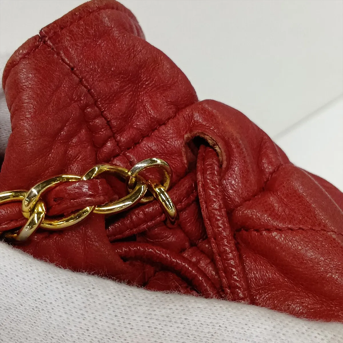 Matelassé Lambskin Chain Shoulder Bag, Drawstring, Red, Gold Hardware, 0747762 (Serial Number in the 0s) — view 12