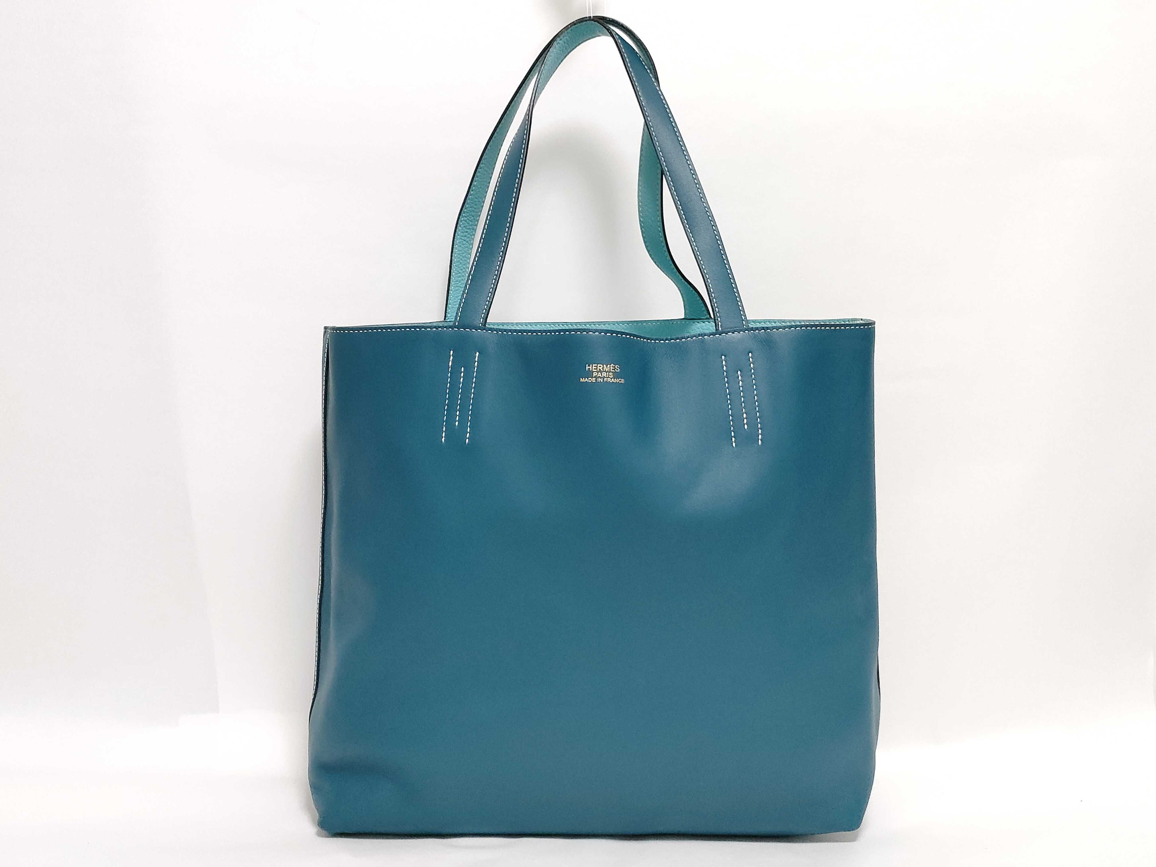 Double Sens 36 Tote Bag in Veau Swift and Taurillon Clemence Leather, Colvert Blue Atoll, Y-stamp.
