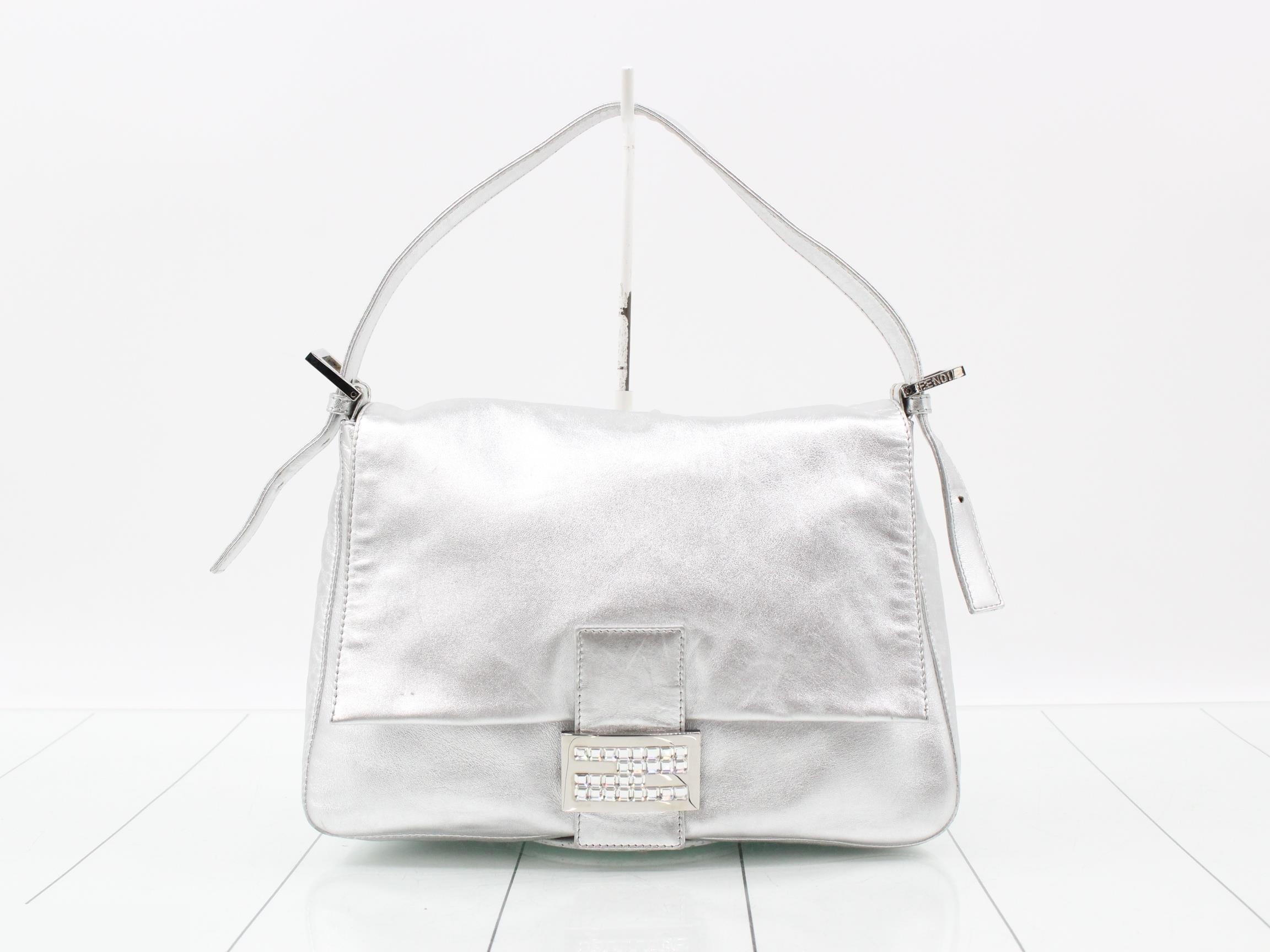 Baguette Shoulder Bag, Silver, Rhinestone, Leather