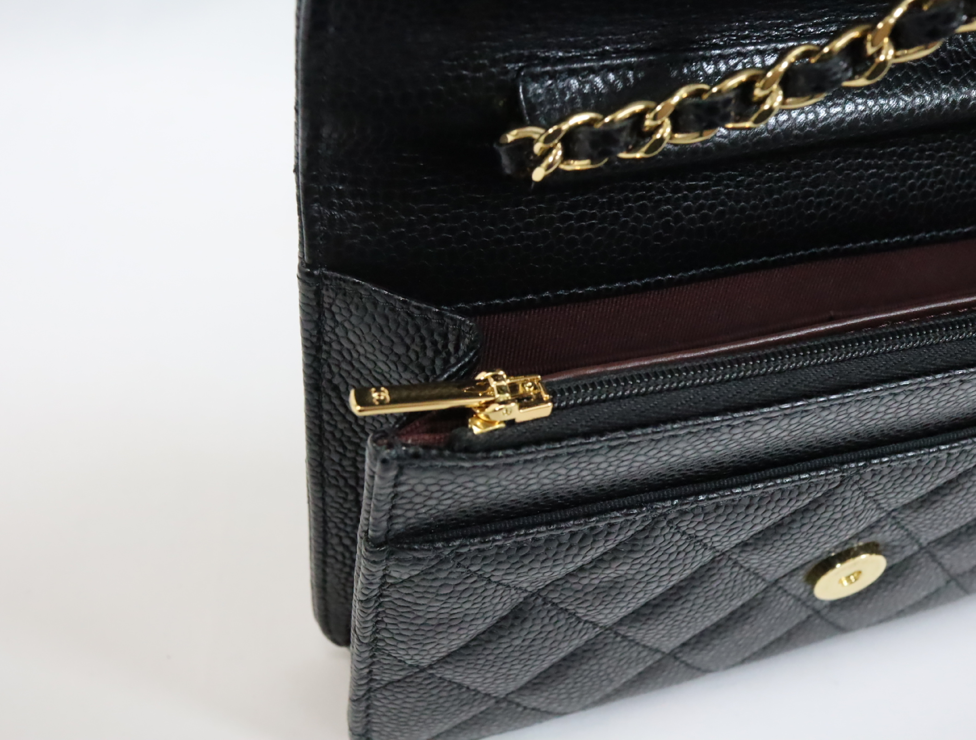 Matelassé Caviar Skin Chain Wallet, Black with Gold Hardware, EC602K80, Random Plate, AP0250 Shoulder Bag — view 13