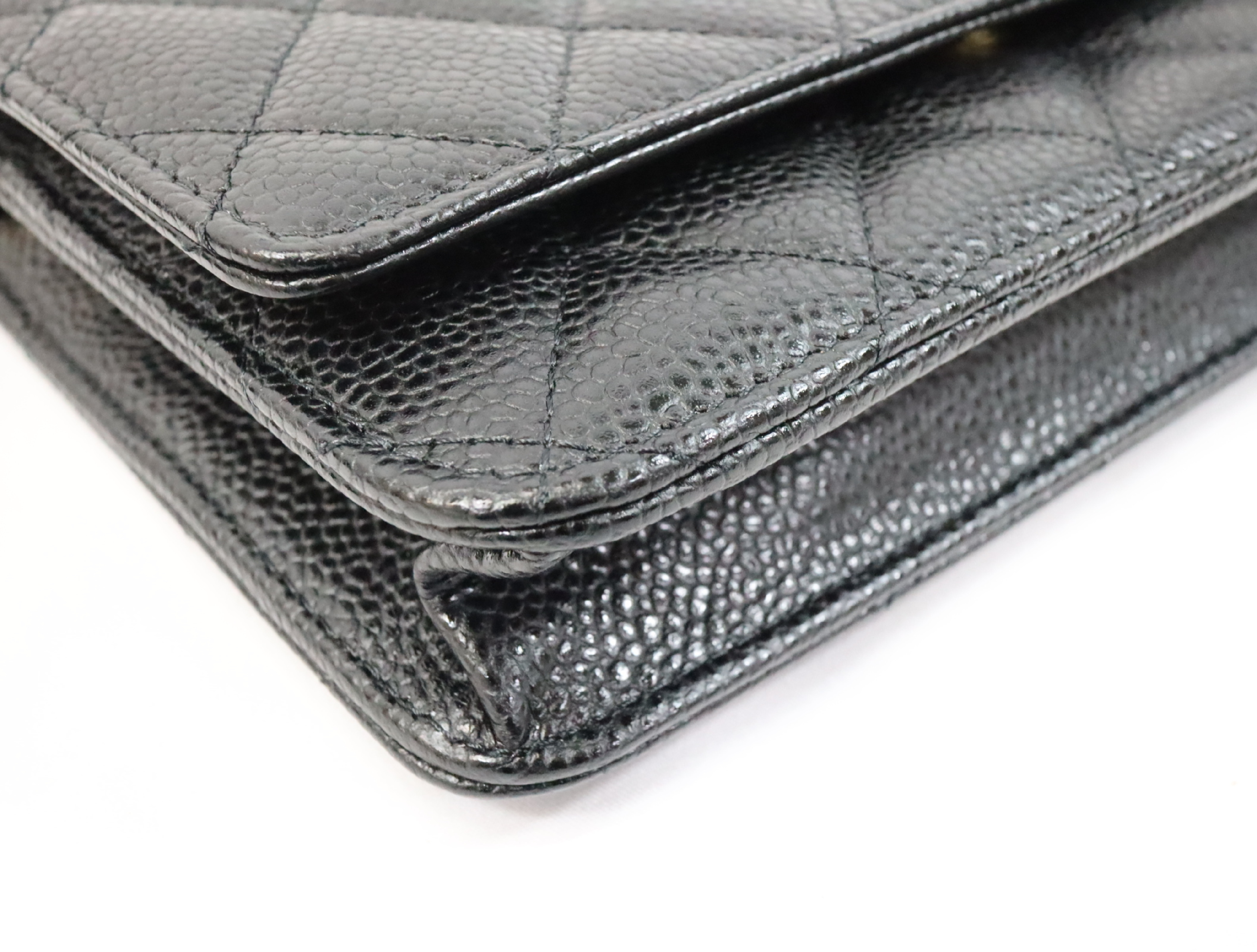 Matelassé Caviar Skin Chain Wallet, Black with Gold Hardware, EC602K80, Random Plate, AP0250 Shoulder Bag — view 7