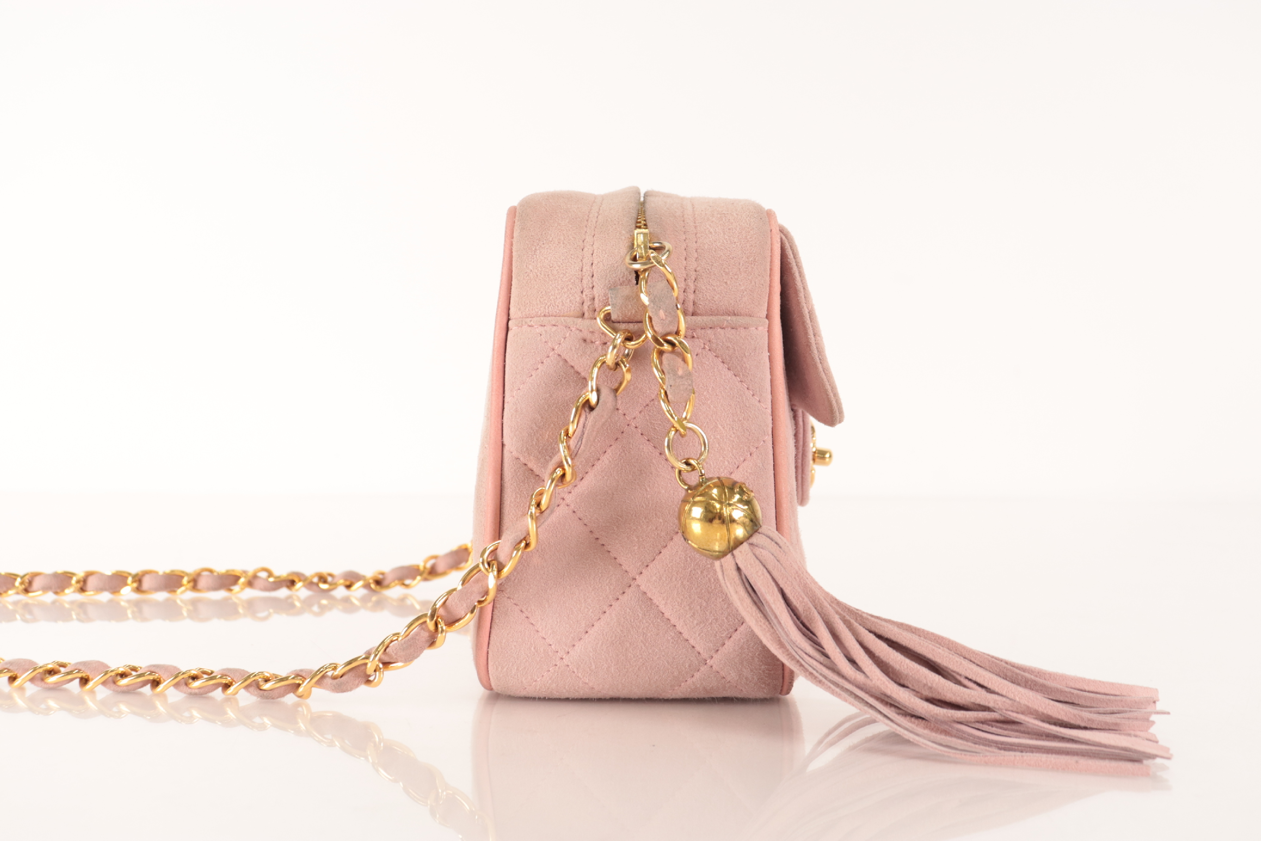 Matelassé Suede Fringe Chain Shoulder Bag, Pink — view 3