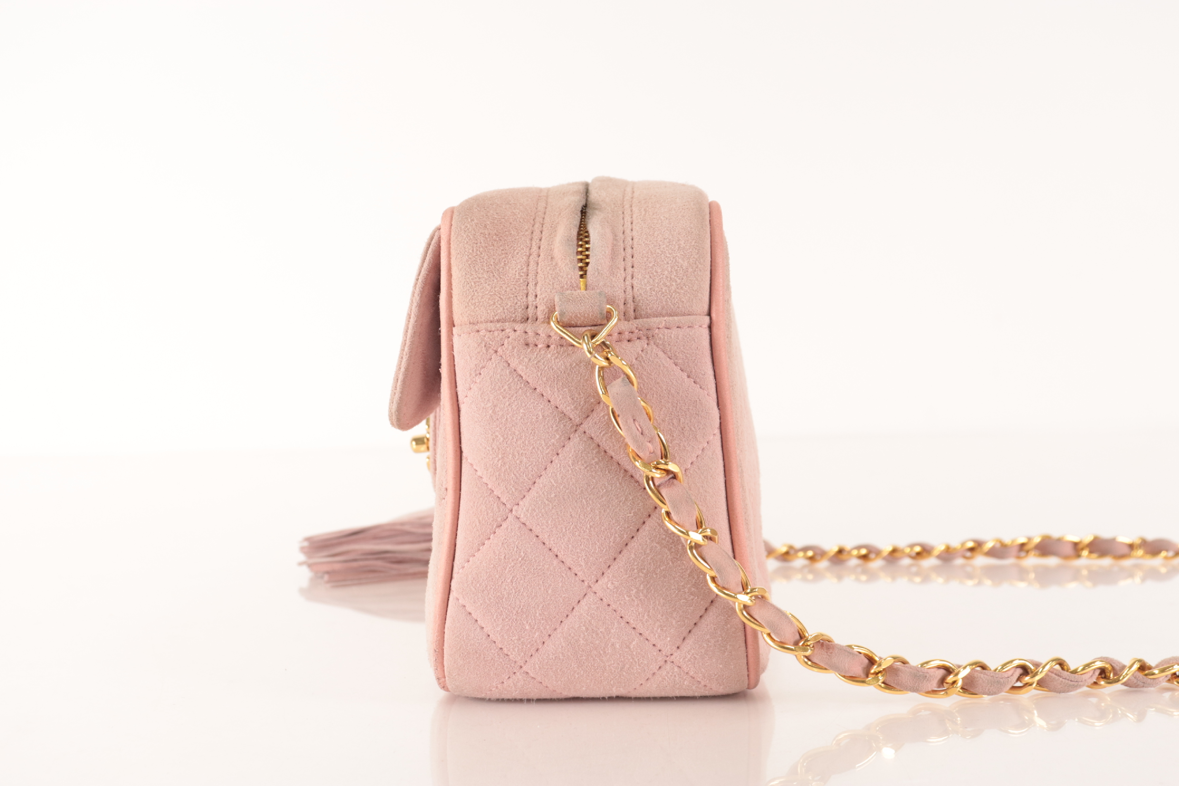 Matelassé Suede Fringe Chain Shoulder Bag, Pink — view 4