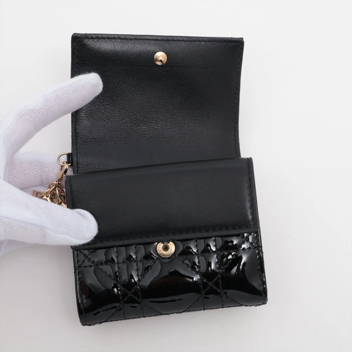 Lady Dior Cannage Patent Leather Compact Wallet, Black — view 3