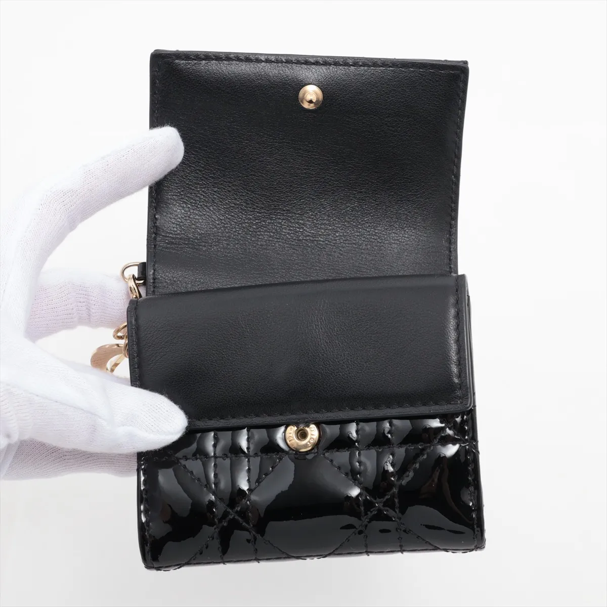 Lady Dior Cannage Patent Leather Compact Wallet, Black — view 5