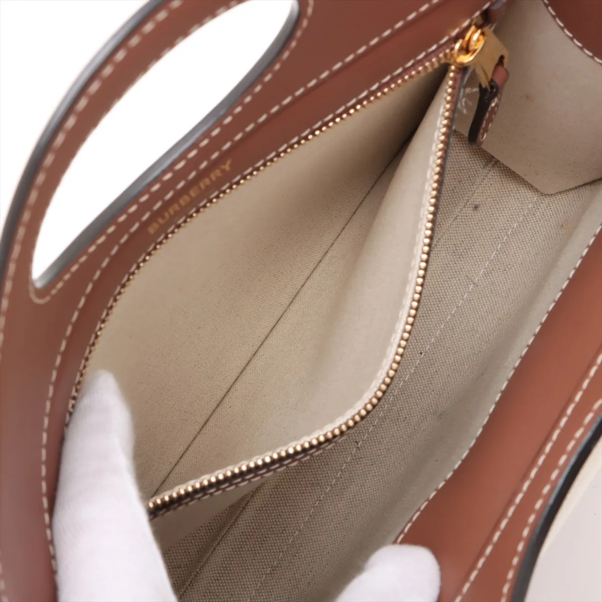 Mini Two-Tone Canvas x Leather 2-Way Handbag, Beige x Brown — view 9