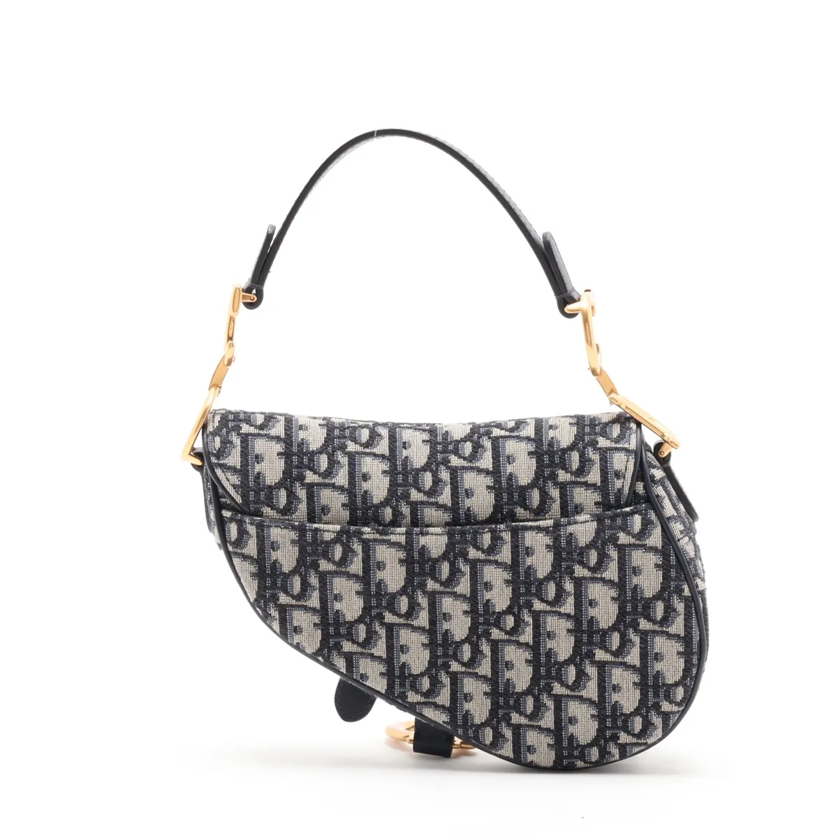 Oblique Saddle Canvas x Leather Handbag, Beige x Navy — view 2