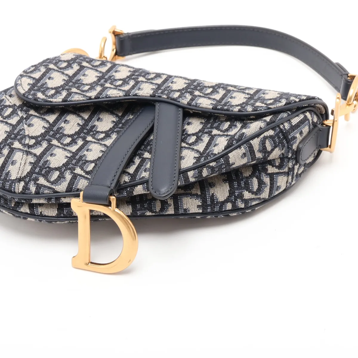 Oblique Saddle Canvas x Leather Handbag, Beige x Navy — view 3
